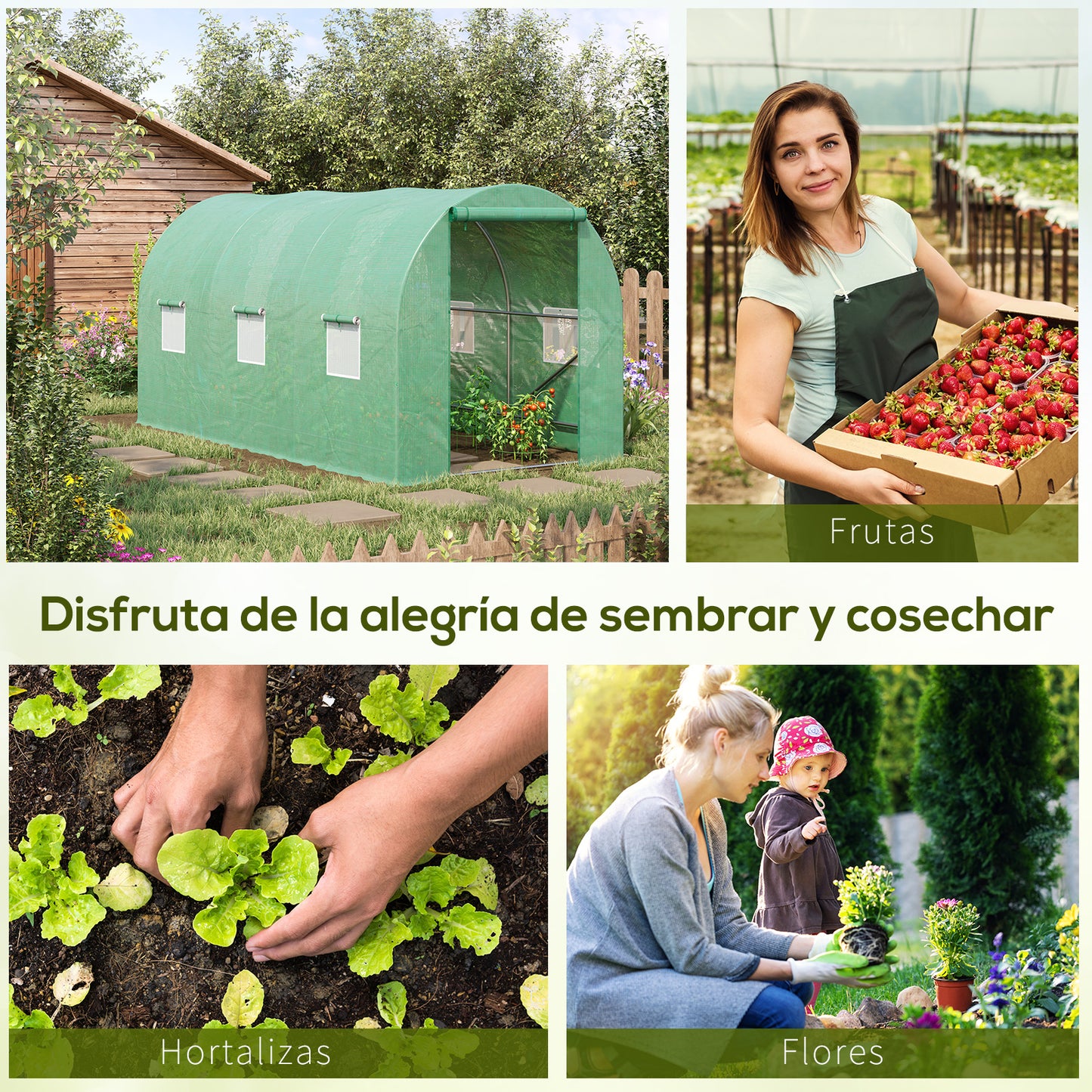 Outsunny Invernadero de Túnel 400x200x200 cm Invernadero de Jardín con Puerta Enrollable y Ventanas Múltiples Cubierta PE 140 g/m² Anti-UV Marco de Metal para Cultivo Plantas Verduras Verde