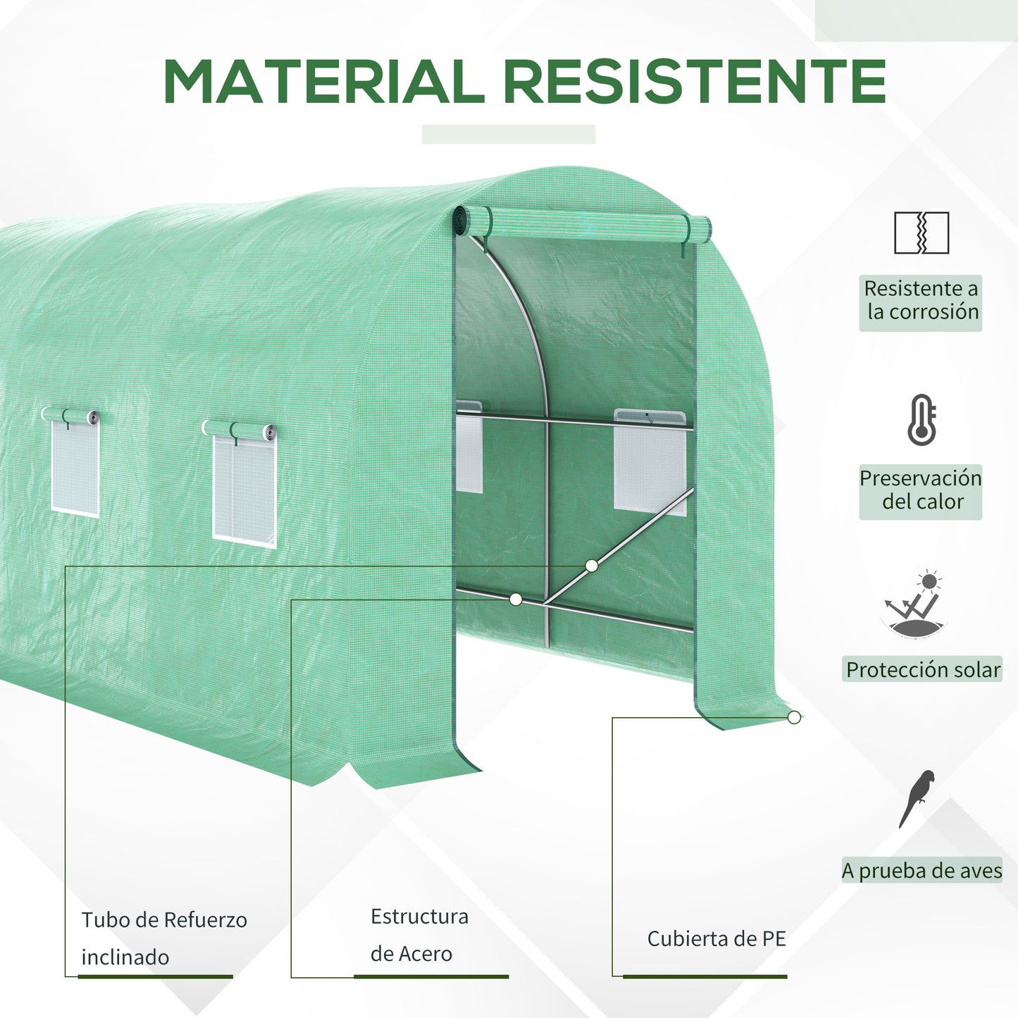 Outsunny Invernadero de Túnel 400x200x200 cm Invernadero de Jardín con Puerta Enrollable y Ventanas Múltiples Cubierta PE 140 g/m² Anti-UV Marco de Metal para Cultivo Plantas Verduras Verde