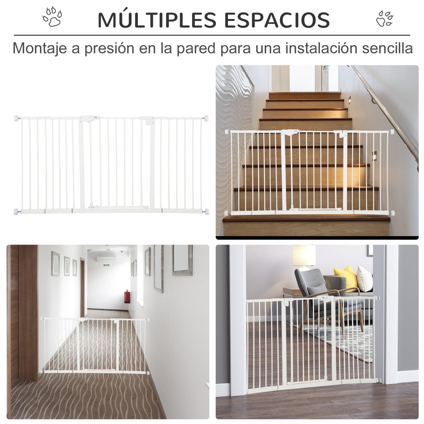 PawHut Barrera de Seguridad Extensible para Puertas y Escaleras Barrera para Perros con Cierre Automático y Sistema de Doble Bloqueo Metal 74-147,5x76,2 cm Blanco