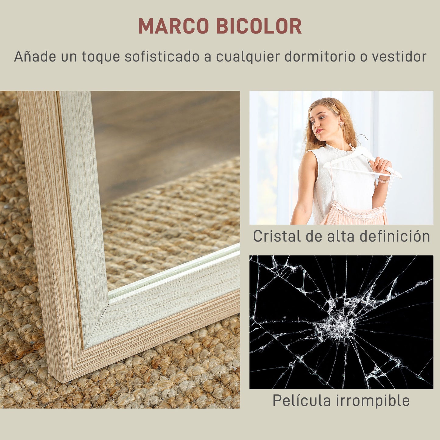 HOMCOM Espejo de Cuerpo Entero 157x37 cm Espejo de Pie o de Pared con Marco de MDF y Soporte para Salón Dormitorio Blanco y Natural