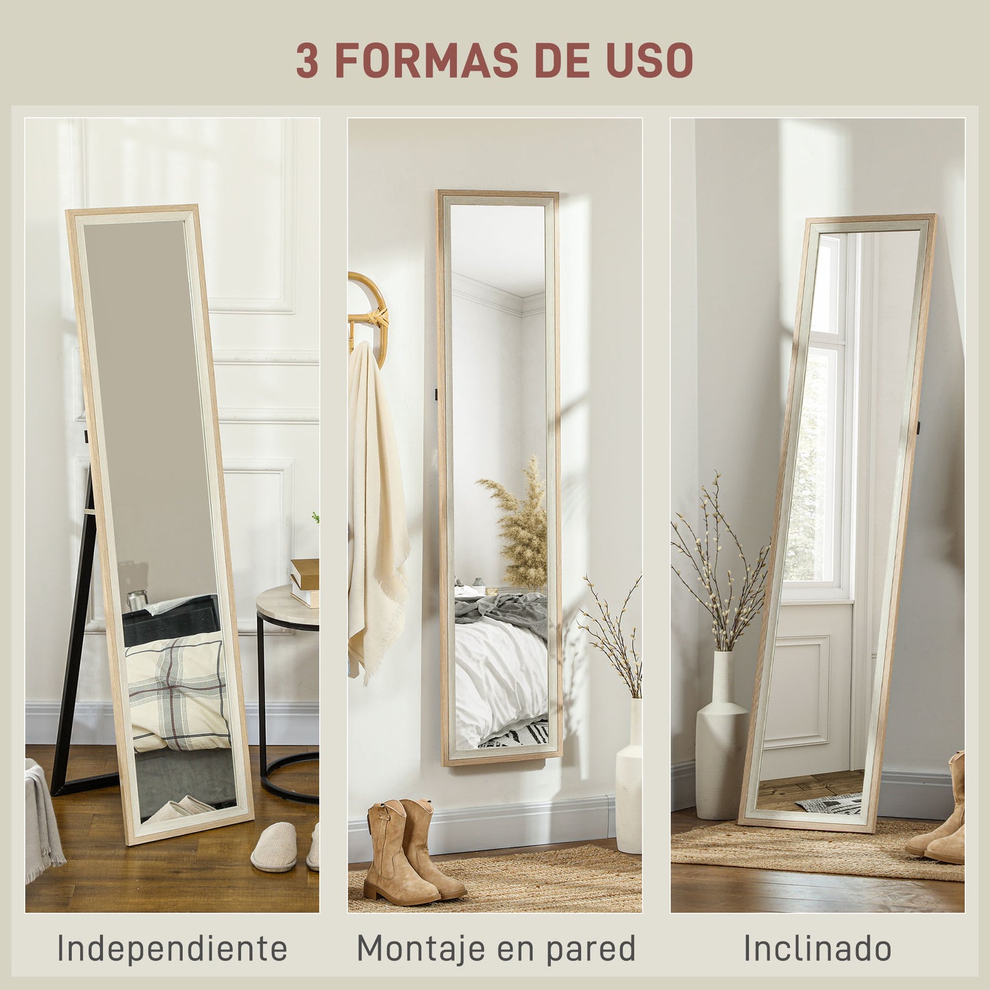 HOMCOM Espejo de Cuerpo Entero 157x37 cm Espejo de Pie o de Pared con Marco de MDF y Soporte para Salón Dormitorio Blanco y Natural