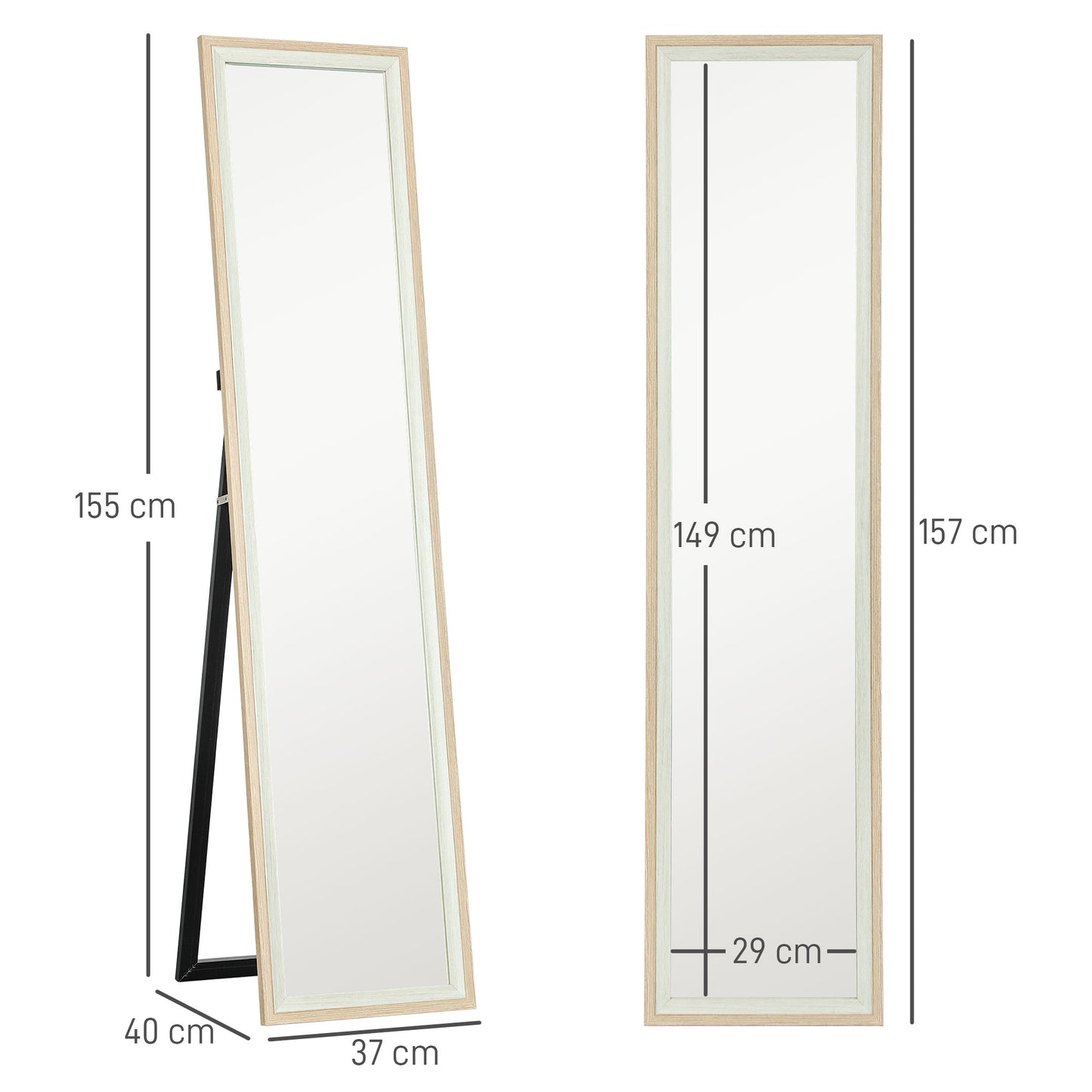 HOMCOM Espejo de Cuerpo Entero 157x37 cm Espejo de Pie o de Pared con Marco de MDF y Soporte para Salón Dormitorio Blanco y Natural