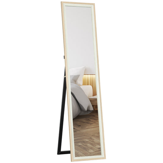 HOMCOM Espejo de Cuerpo Entero 157x37 cm Espejo de Pie o de Pared con Marco de MDF y Soporte para Salón Dormitorio Blanco y Natural