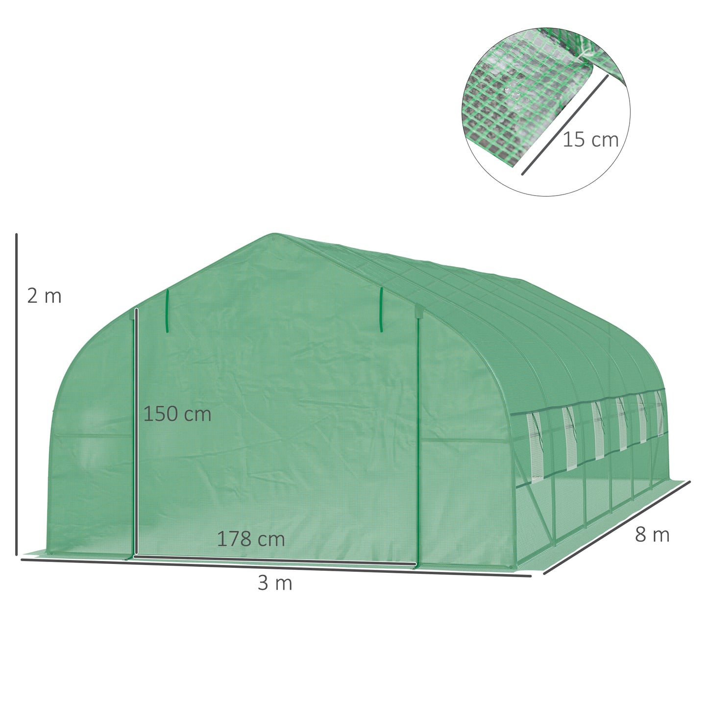 Outsunny Invernadero de Exterior Invernadero de Túnel 8x3x2 m Invernadero de Jardín con 12 Ventanas y Puerta Enrollable para Cultivo Plantas Tomates Verduras Acero y PE 140 g/m² Verde