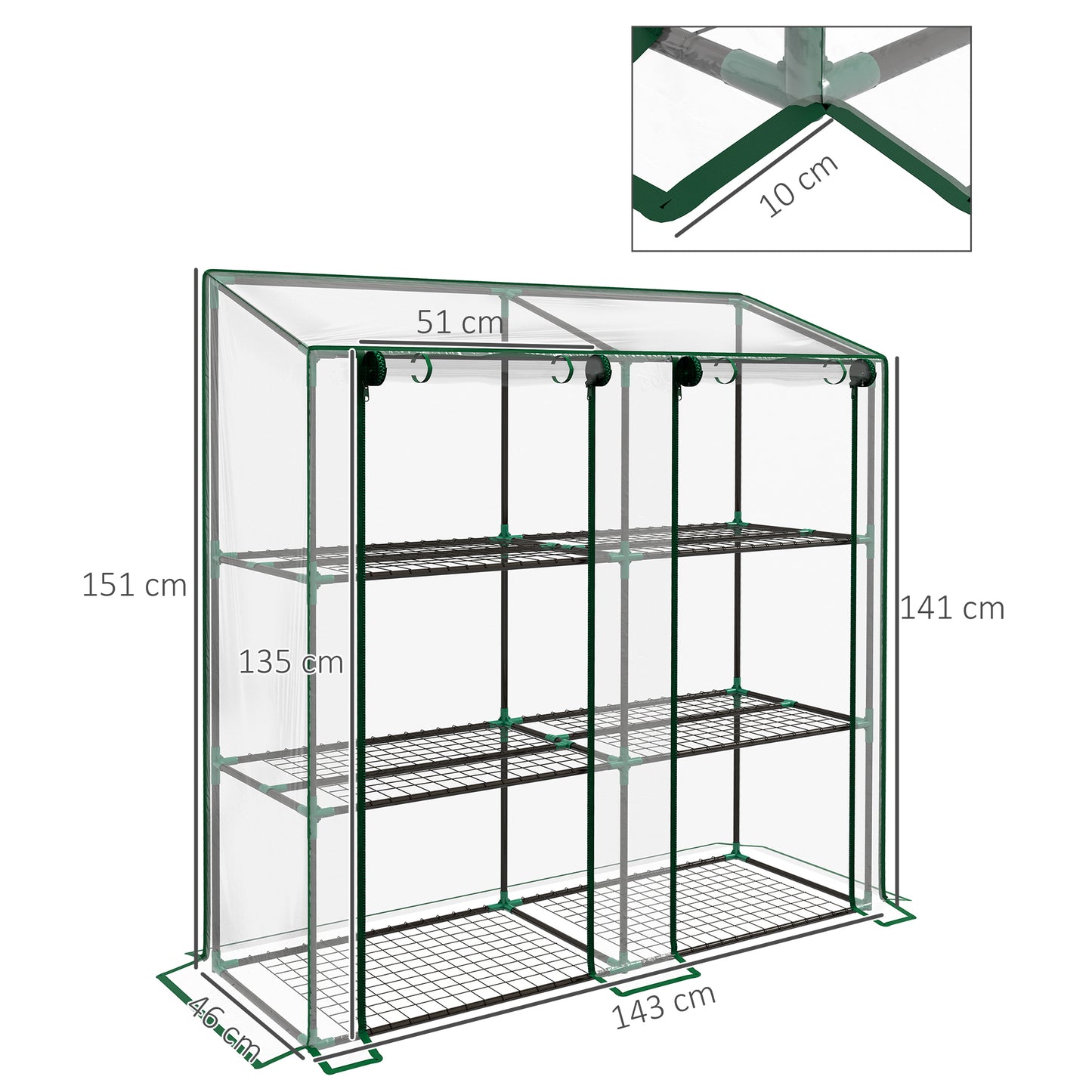 Outsunny Invernadero de Jardín de 3 Niveles Invernadero de Terraza con Estantes Techo Inclinado y 2 Puertas con Cremallera para Cultivo de Plantas en Patio 143x46x141/151 cm Transparente