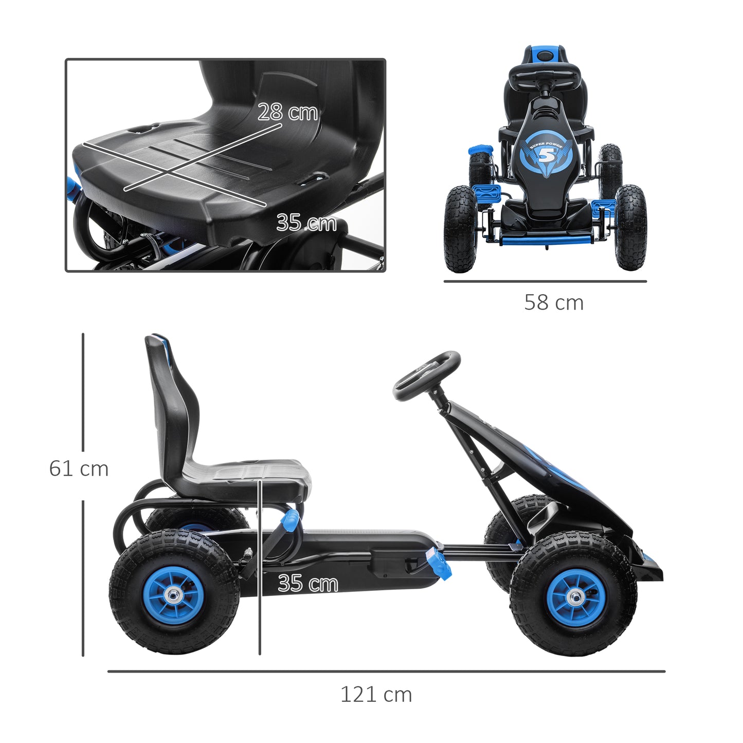 HOMCOM Go Kart a Pedales para Niños de 5-12 Años Coche de Pedales Infantil con Asiento Ajustable Neumáticos Inflables Amortiguador y Freno de Mano Carga 50 kg 121x58x61 cm Azul