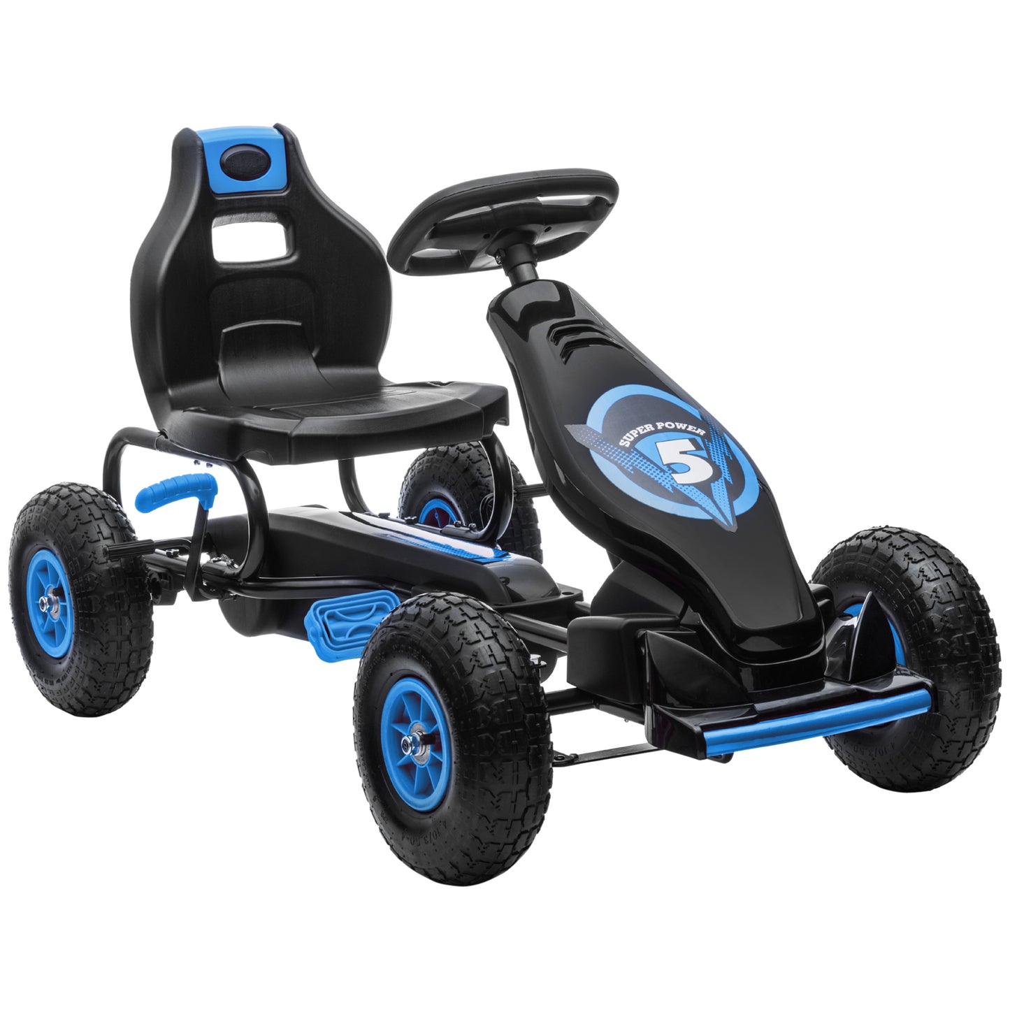 HOMCOM Go Kart a Pedales para Niños de 5-12 Años Coche de Pedales Infantil con Asiento Ajustable Neumáticos Inflables Amortiguador y Freno de Mano Carga 50 kg 121x58x61 cm Azul