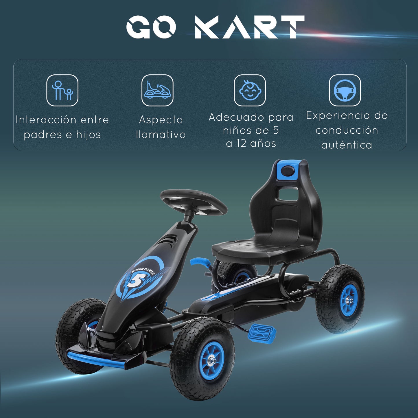 HOMCOM Go Kart a Pedales para Niños de 5-12 Años Coche de Pedales Infantil con Asiento Ajustable Neumáticos Inflables Amortiguador y Freno de Mano Carga 50 kg 121x58x61 cm Azul