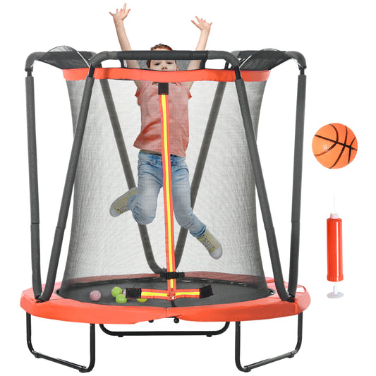 ZONEKIZ Cama Elástica Infantil Ø140 cm Trampolín para Niños de 3-10 Años con Red de Seguridad Baloncesto Aro de Baloncesto y 20 Bolas de Plástico para Interior Rojo