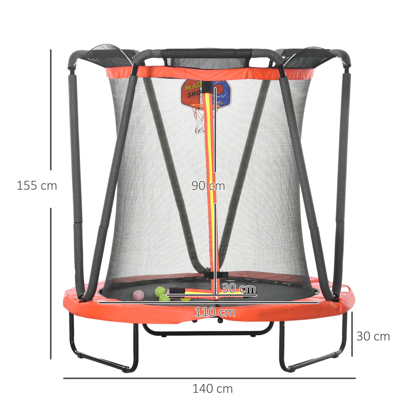 ZONEKIZ Cama Elástica Infantil Ø140 cm Trampolín para Niños de 3-10 Años con Red de Seguridad Baloncesto Aro de Baloncesto y 20 Bolas de Plástico para Interior Rojo