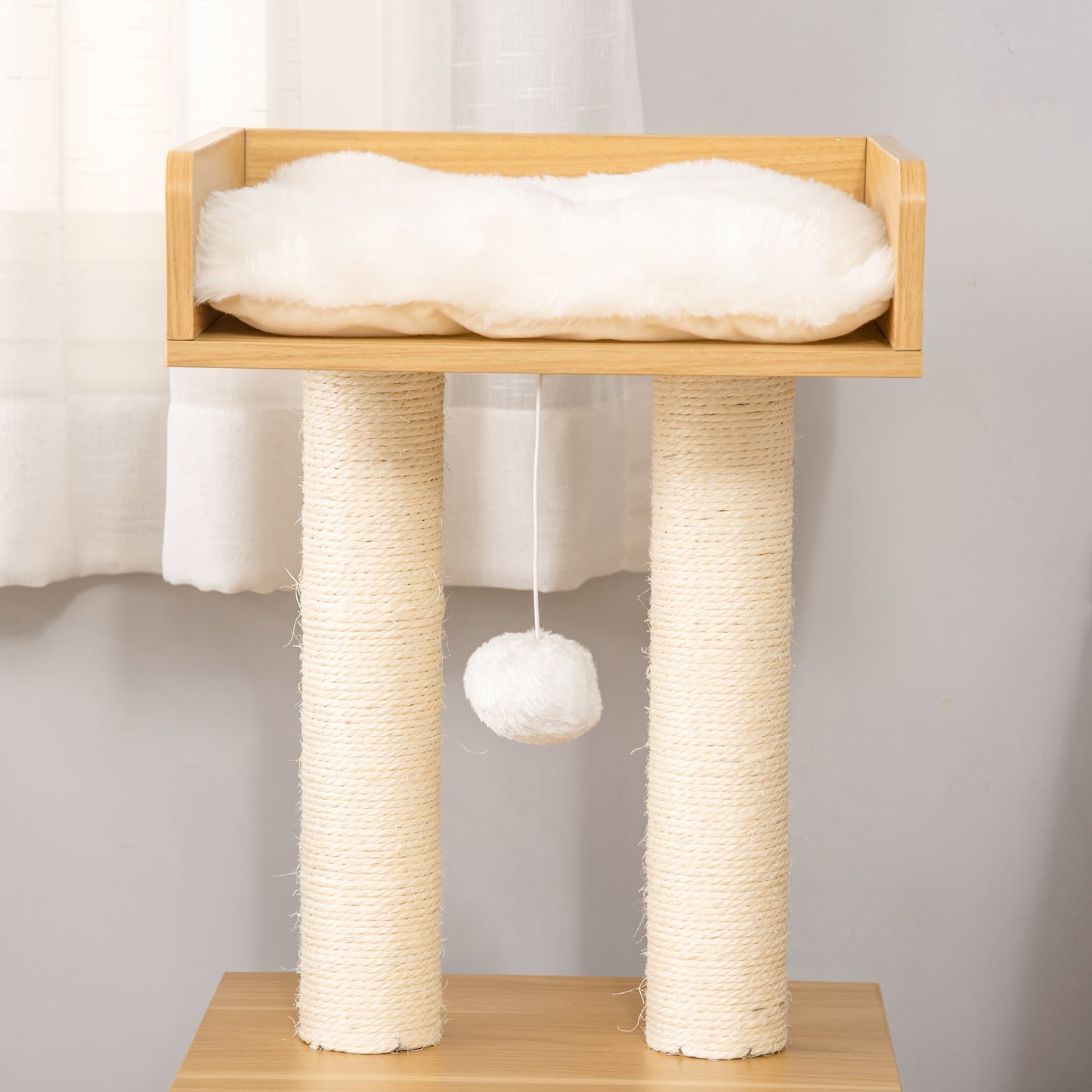 PawHut Árbol para Gatos de 2 Niveles con Cueva Cama Superior Postes Rascadores de Sisal Natural Cojines Lavables y Bola de Juguete 35x35x81 cm Roble y Blanco