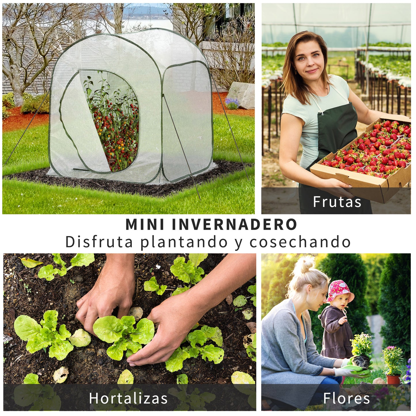 Outsunny Mini Invernadero 90x90x110 cm Portátil Autoinstalable Pop-up Compacto para Cultivo Plantas Verduras con Puerta y Bolsa de Transporte Blanco