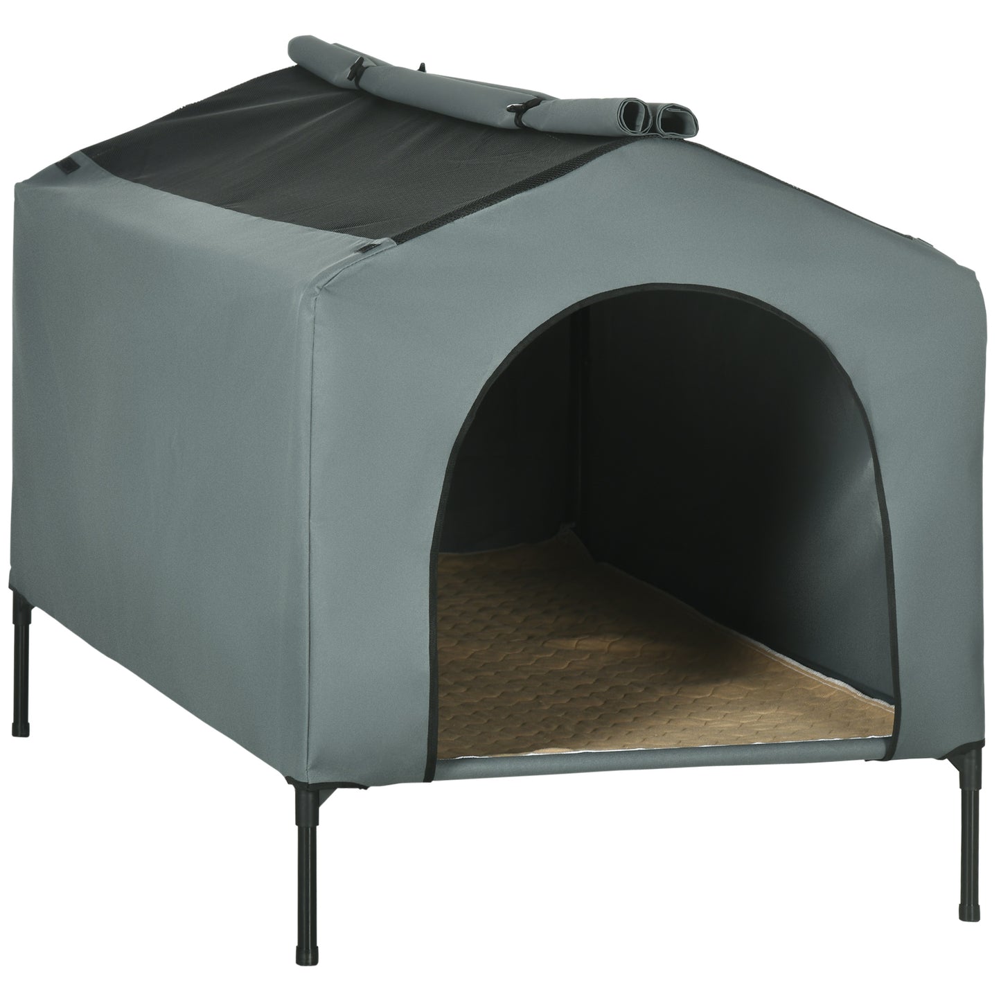 PawHut Caseta para Perros con Cubierta Exterior 130x85x95 cm Cama Elevada para Mascotas con Cojín y Ventanas de Malla Enrollable para Perros Grandes Gris