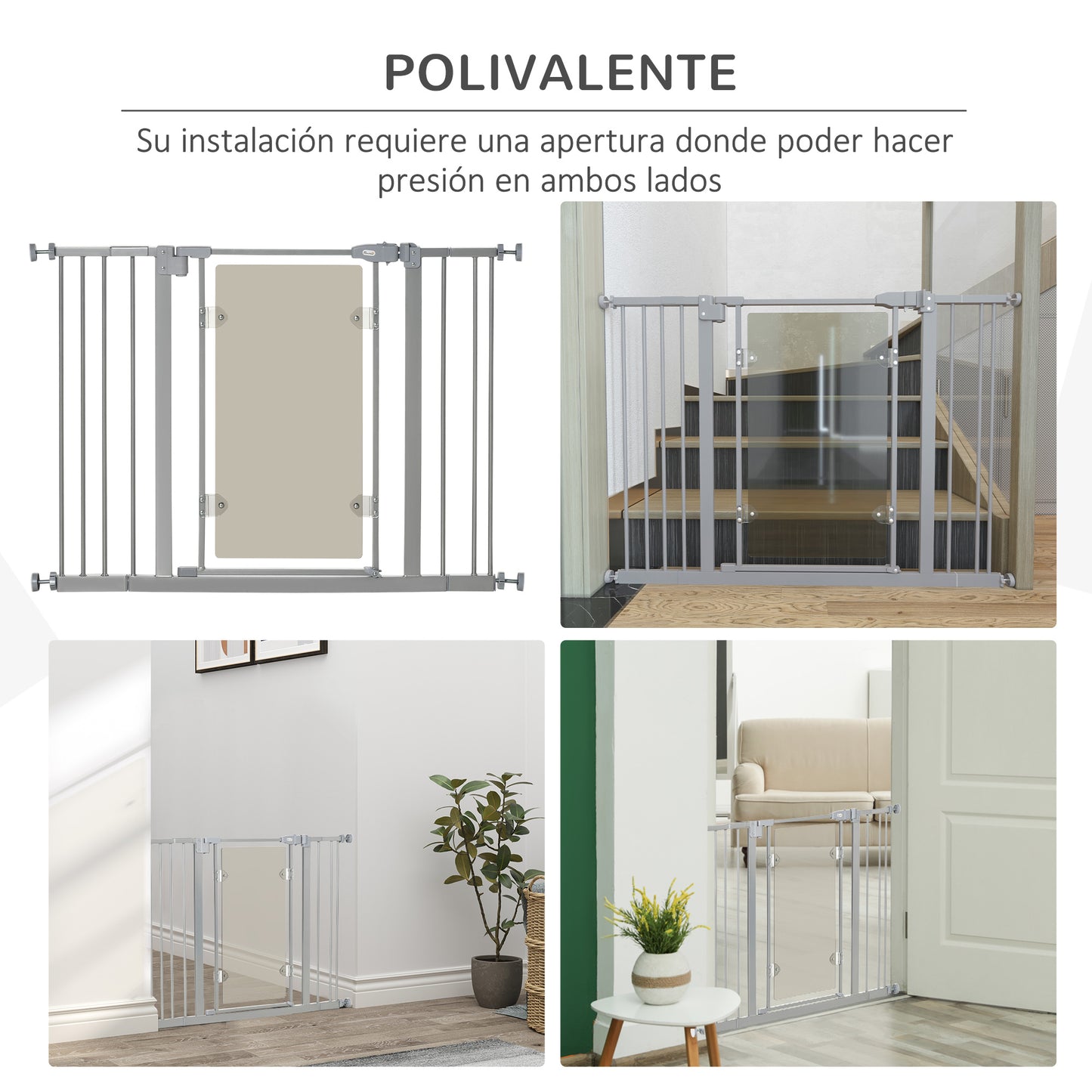 PawHut Barrera de Seguridad de Perros Extensible para Escaleras y Puertas 74-105 cm con 2 Extensiones de Acero 10/15 cm Puerta Acrílica y Cierre Automático Altura 76,2 cm Gris