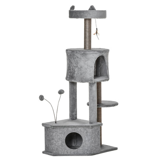 PawHut Árbol Rascador para Gatos 60x40x133 cm Torre de Gatos con Nido Cueva de Fieltro Extraíble Cama de Felpa Suave Postes Rascadores de Sisal Natural y Juguetes Gris