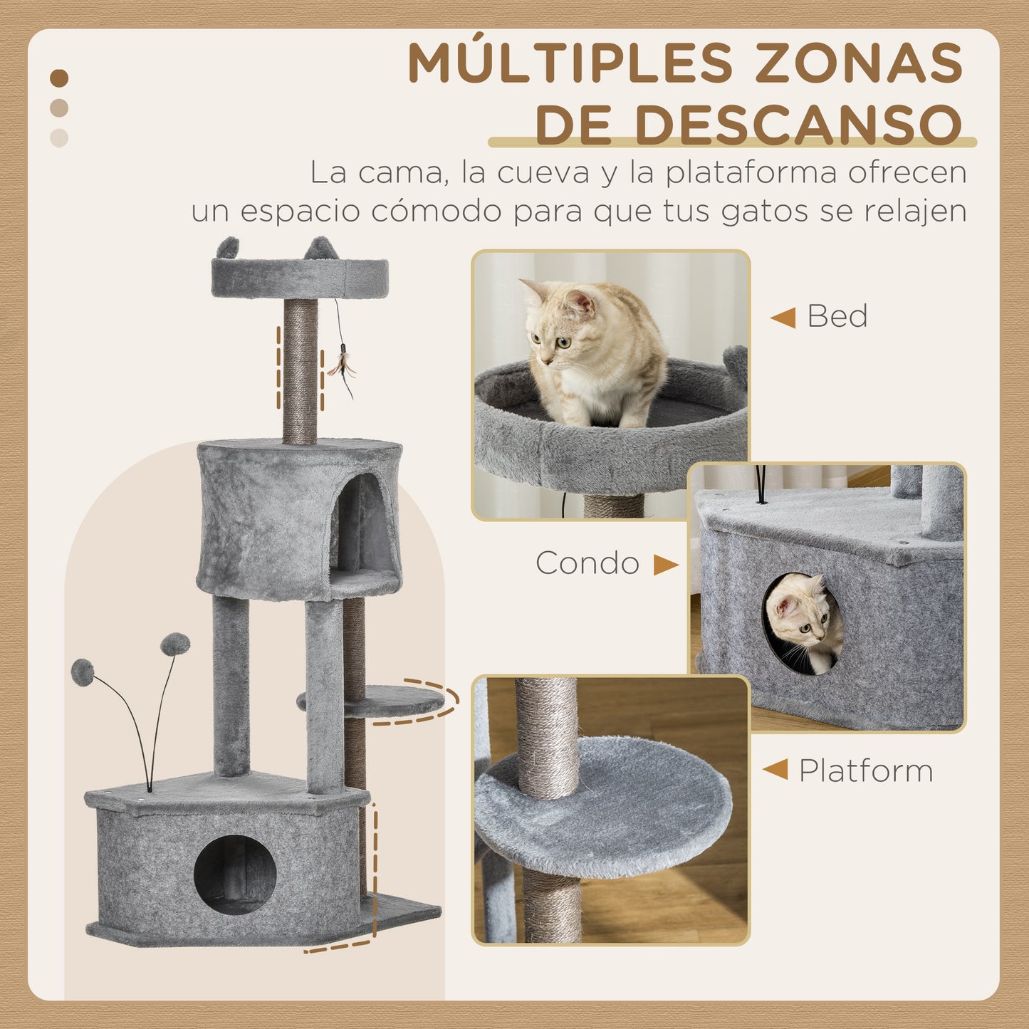 PawHut Árbol Rascador para Gatos 60x40x133 cm Torre de Gatos con Nido Cueva de Fieltro Extraíble Cama de Felpa Suave Postes Rascadores de Sisal Natural y Juguetes Gris