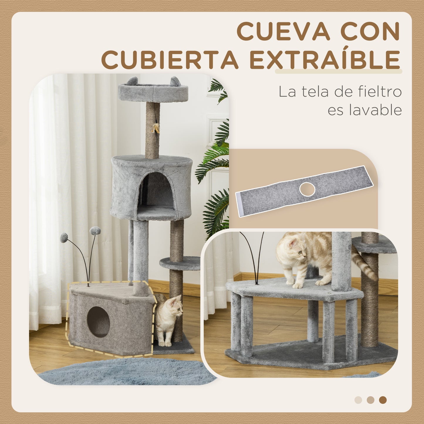 PawHut Árbol Rascador para Gatos 60x40x133 cm Torre de Gatos con Nido Cueva de Fieltro Extraíble Cama de Felpa Suave Postes Rascadores de Sisal Natural y Juguetes Gris