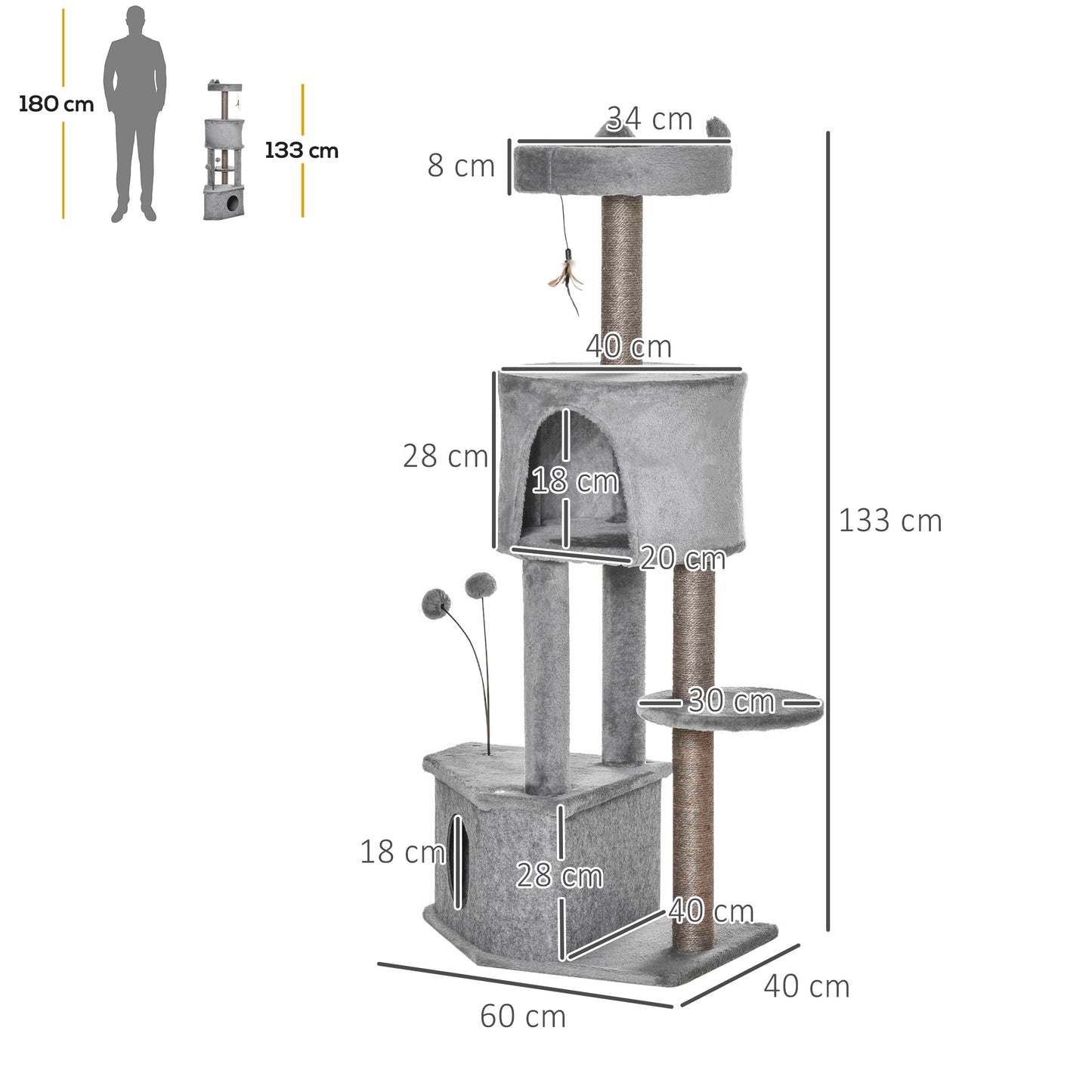 PawHut Árbol Rascador para Gatos 60x40x133 cm Torre de Gatos con Nido Cueva de Fieltro Extraíble Cama de Felpa Suave Postes Rascadores de Sisal Natural y Juguetes Gris