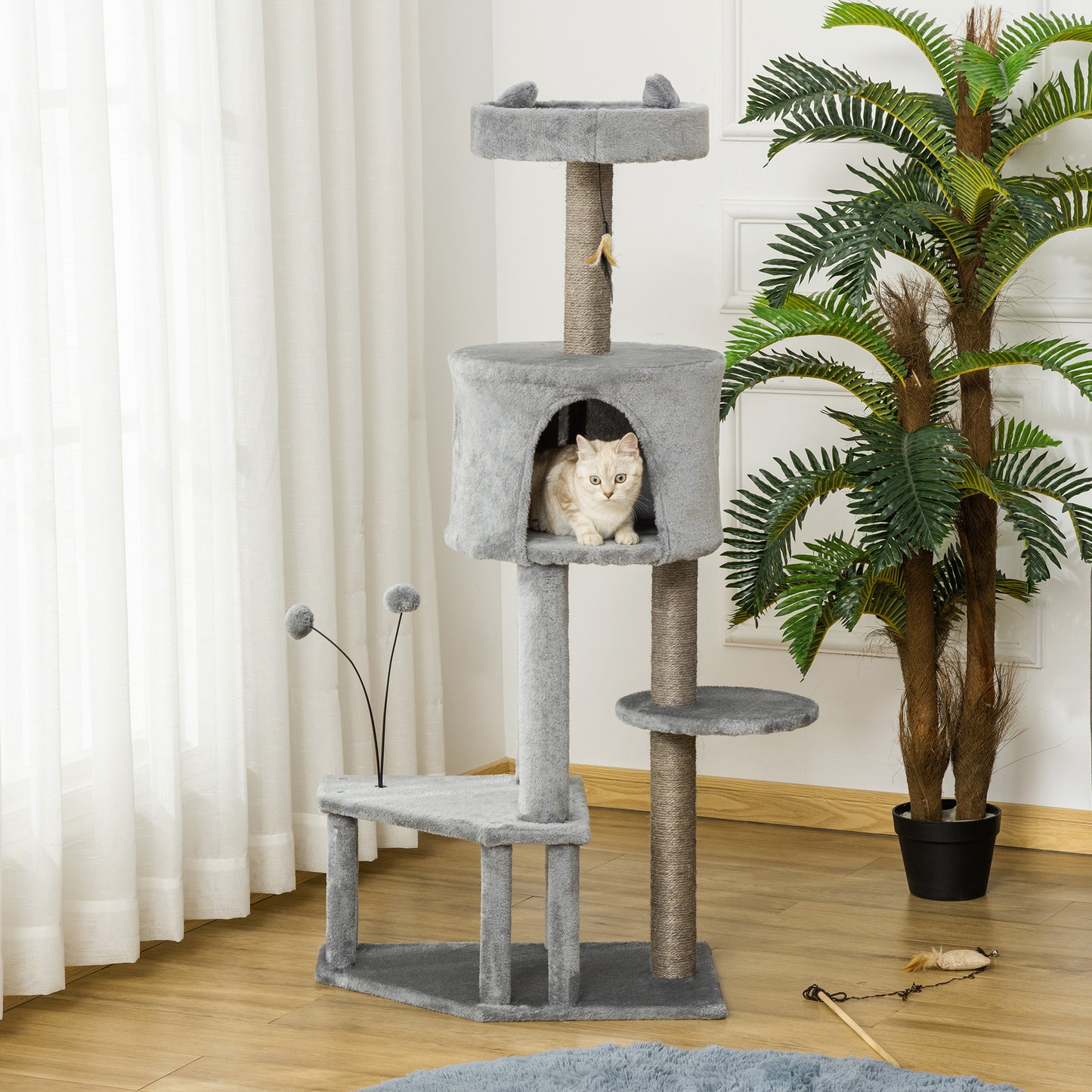 PawHut Árbol Rascador para Gatos 60x40x133 cm Torre de Gatos con Nido Cueva de Fieltro Extraíble Cama de Felpa Suave Postes Rascadores de Sisal Natural y Juguetes Gris