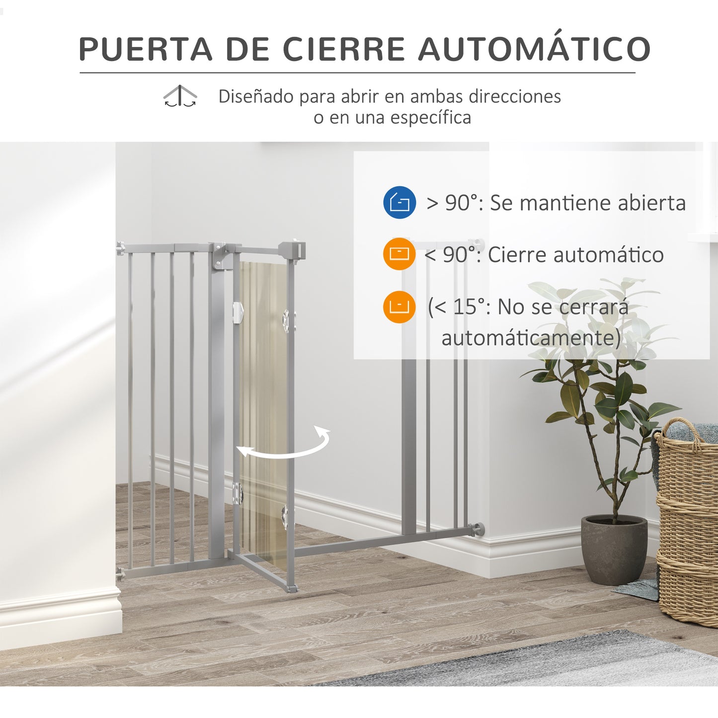 PawHut Barrera de Seguridad de Perros Extensible para Escaleras y Puertas 74-105 cm con 2 Extensiones de Acero 10/15 cm Puerta Acrílica y Cierre Automático Altura 76,2 cm Gris