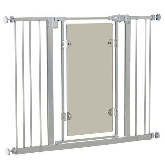 PawHut Barrera de Seguridad de Perros Extensible para Escaleras y Puertas 74-105 cm con 2 Extensiones de Acero 10/15 cm Puerta Acrílica y Cierre Automático Altura 76,2 cm Gris