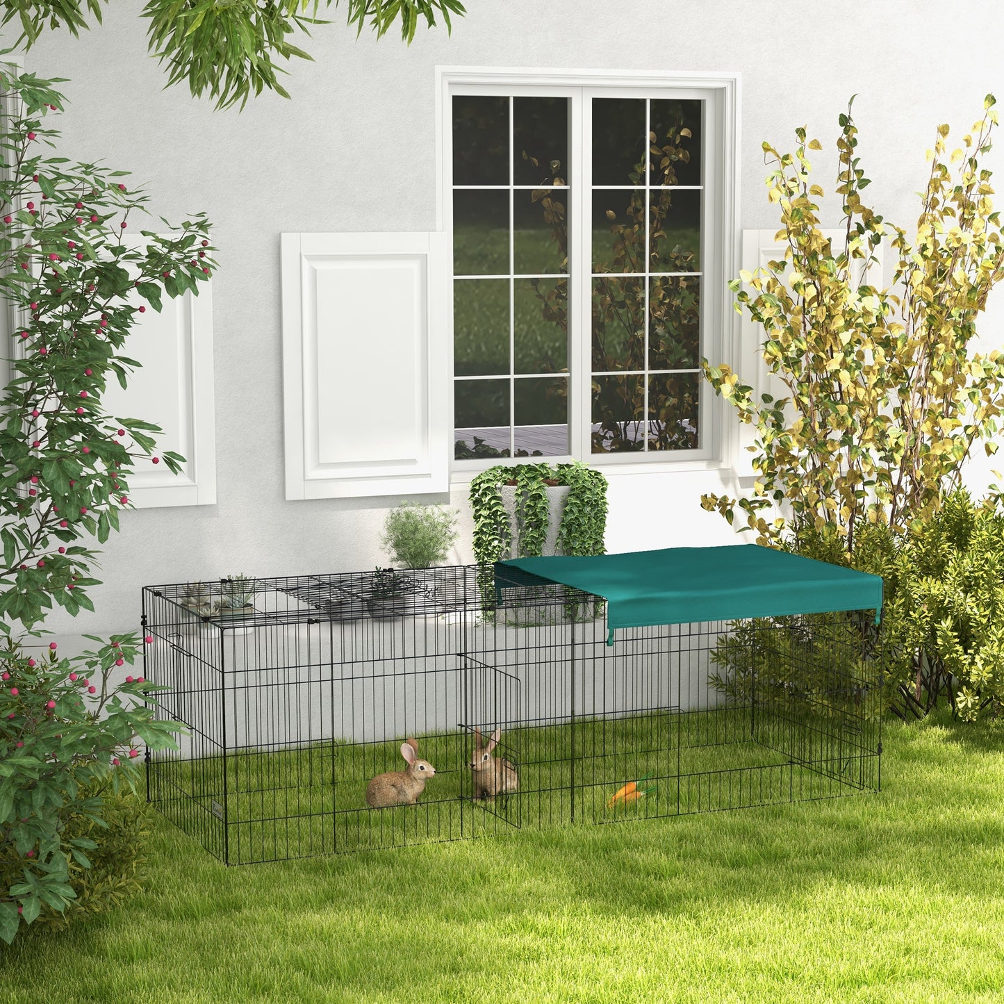 PawHut Jaula para Animales Pequeños Jaula para Roedores de Acero con Puertas y Tela Superior Jaula para Conejos Chinchillas Gallinas 220x85x70 cm Verde