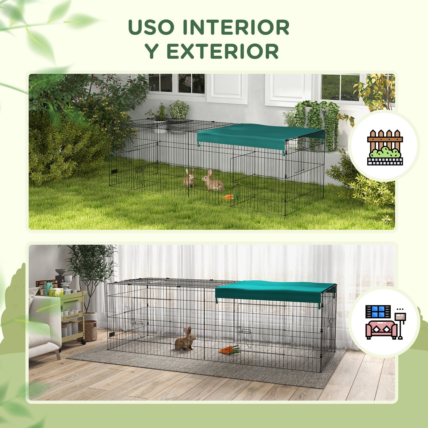 PawHut Jaula para Animales Pequeños Jaula para Roedores de Acero con Puertas y Tela Superior Jaula para Conejos Chinchillas Gallinas 220x85x70 cm Verde