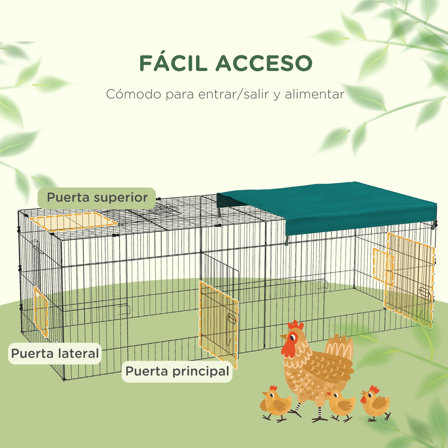 PawHut Jaula para Animales Pequeños Jaula para Roedores de Acero con Puertas y Tela Superior Jaula para Conejos Chinchillas Gallinas 220x85x70 cm Verde