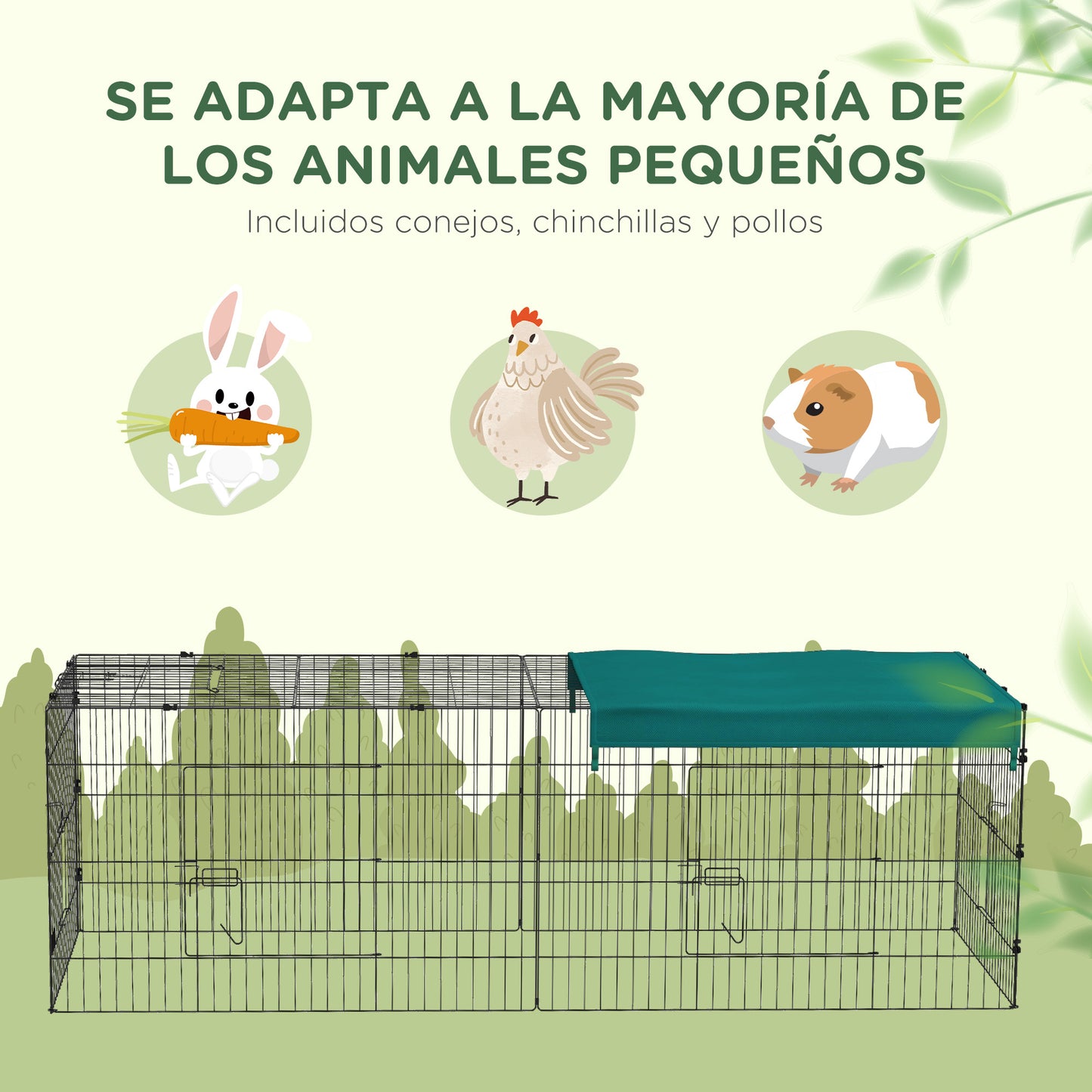 PawHut Jaula para Animales Pequeños Jaula para Roedores de Acero con Puertas y Tela Superior Jaula para Conejos Chinchillas Gallinas 220x85x70 cm Verde