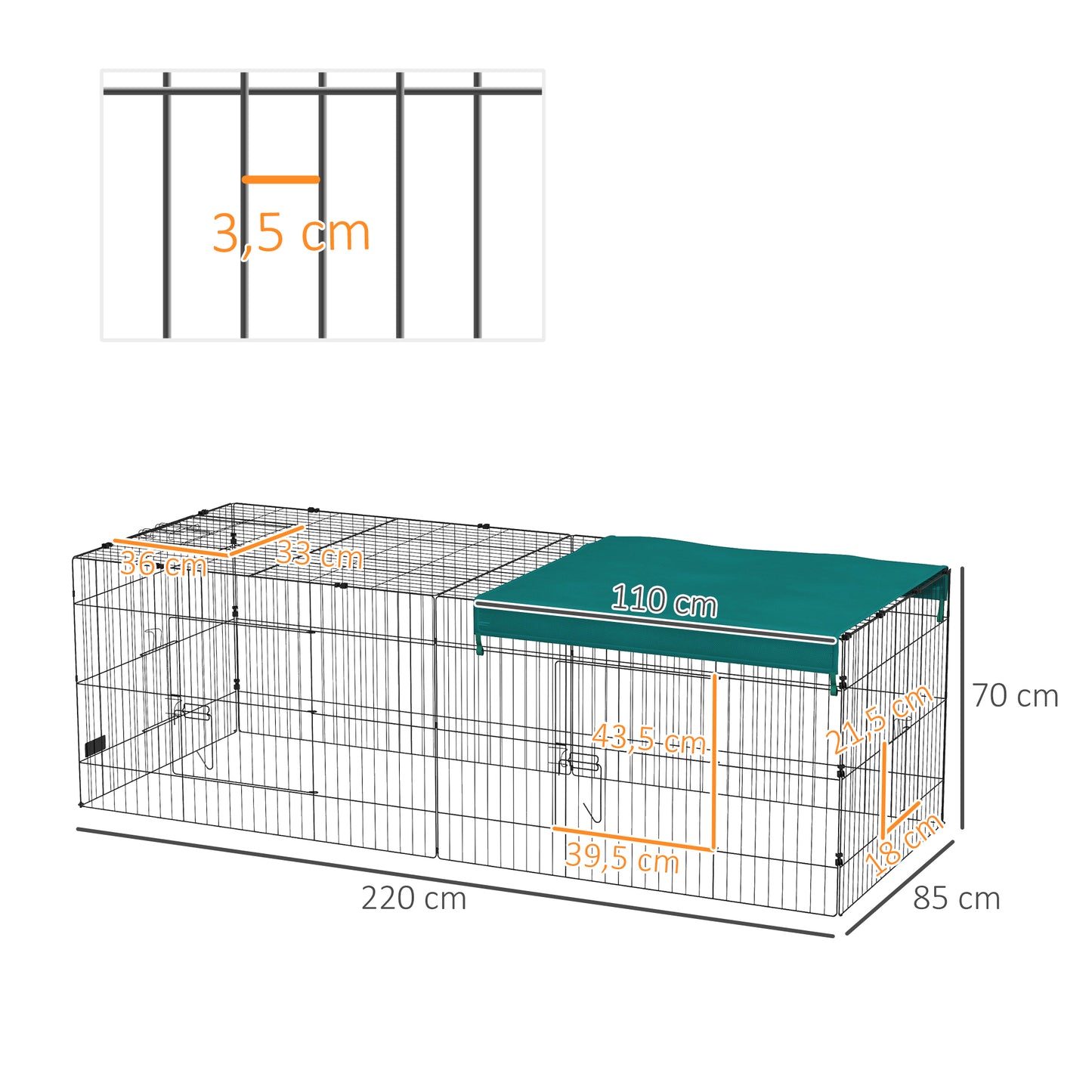 PawHut Jaula para Animales Pequeños Jaula para Roedores de Acero con Puertas y Tela Superior Jaula para Conejos Chinchillas Gallinas 220x85x70 cm Verde