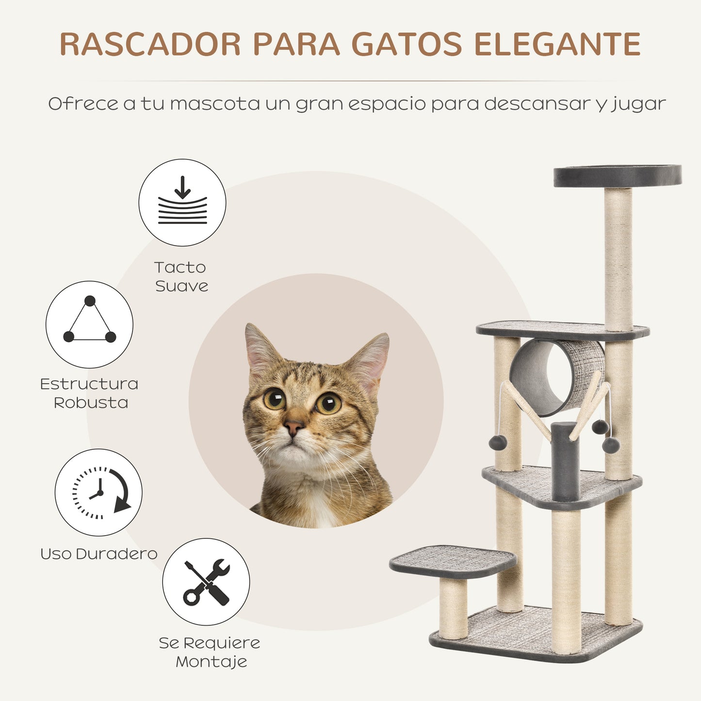 PawHut Árbol para Gatos Grande 49x49x130 cm Torre Escalador para Gatos con Múltiples Plataformas Cama de Túnel Postes de Sisal y Juguetes Beige y Gris