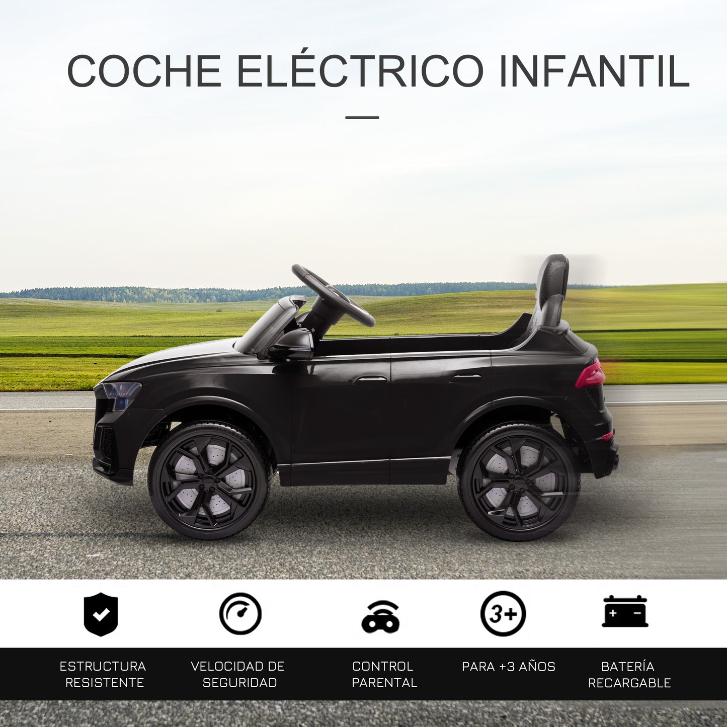 HOMCOM Coche Eléctrico Infantil +3 Años Licencia Audi RS Q8 con Batería 6V 2 Motores Mando a Distancia Música MP3 Bocina y Luces Velocidad Máx. 3km/h 101x62x51 cm Negro