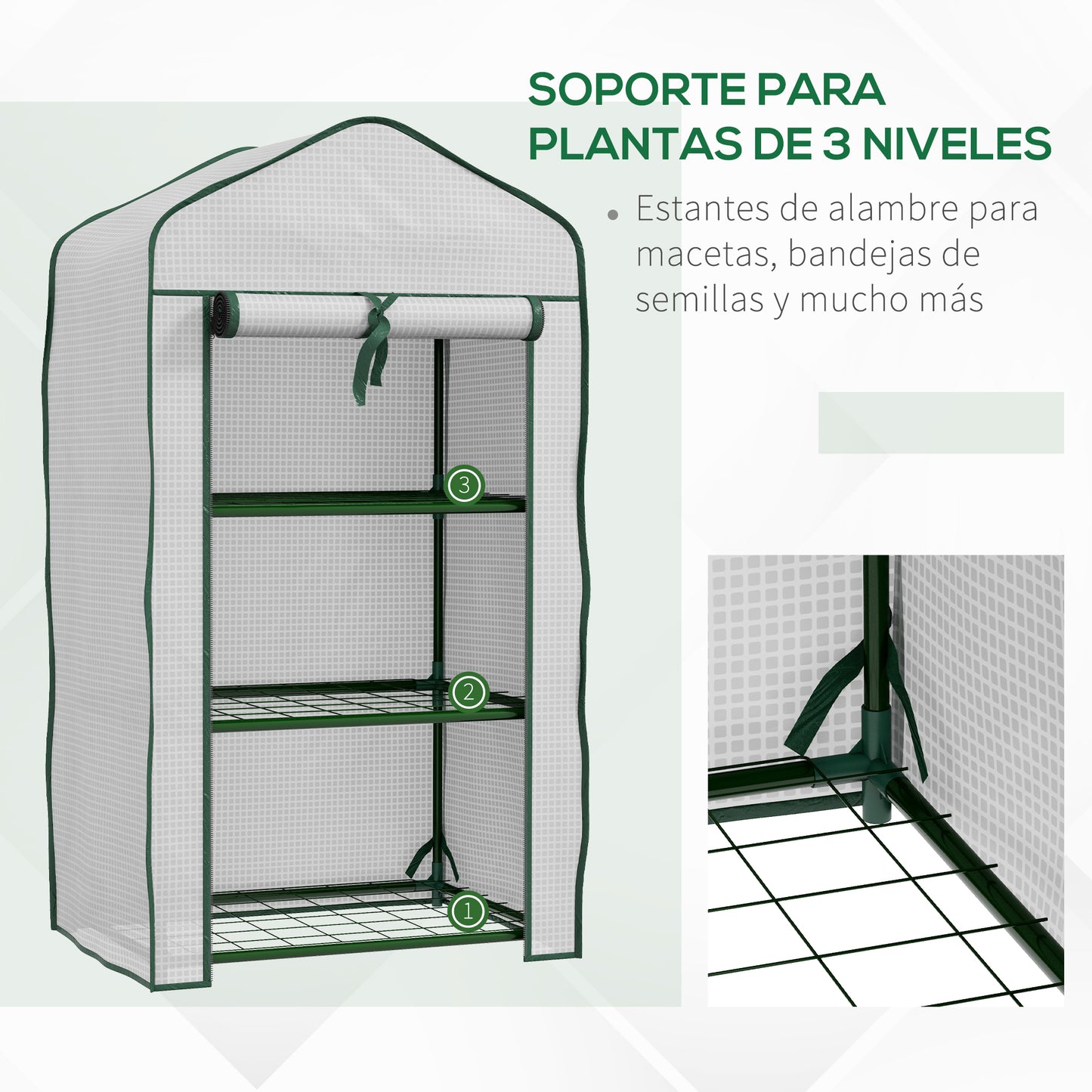 Outsunny Invernadero de Jardín de 3 Niveles Invernadero de Terraza con 3 Estantes 1 Puerta Enrollable con Cremallera Invernadero para Cultivo de Plantas Flores Verduras 59x39x127 cm Blanco