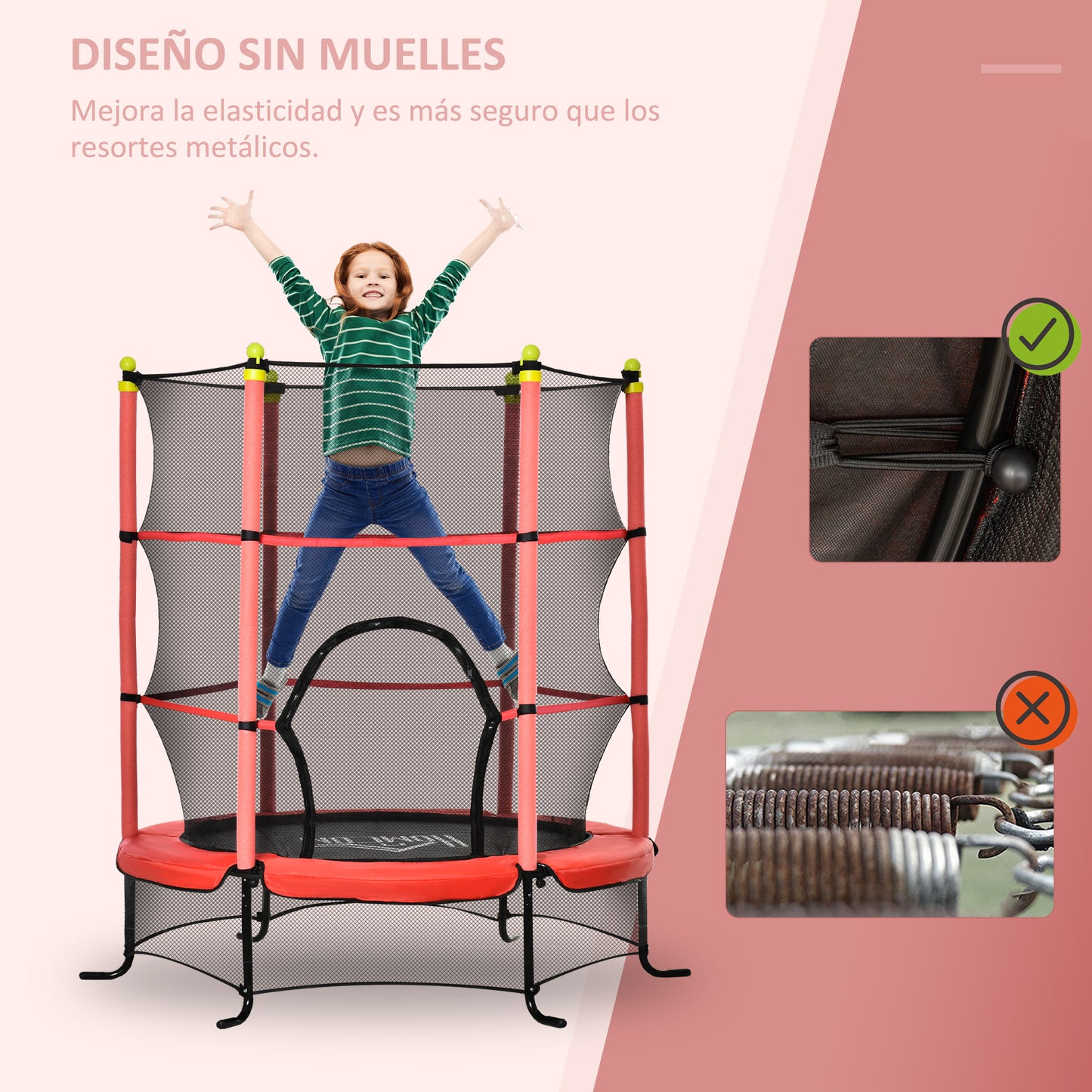 HOMCOM Cama Elástica Infantil Trampolín para Niños +3 Años Ø163x163 cm Red de Seguridad y Cubierta Protectora Carga 50 kg para Interior Exterior Rojo