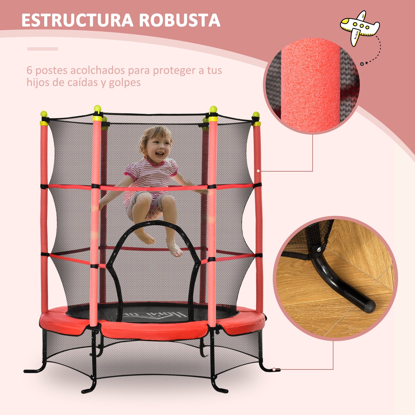 HOMCOM Cama Elástica Infantil Trampolín para Niños +3 Años Ø163x163 cm Red de Seguridad y Cubierta Protectora Carga 50 kg para Interior Exterior Rojo