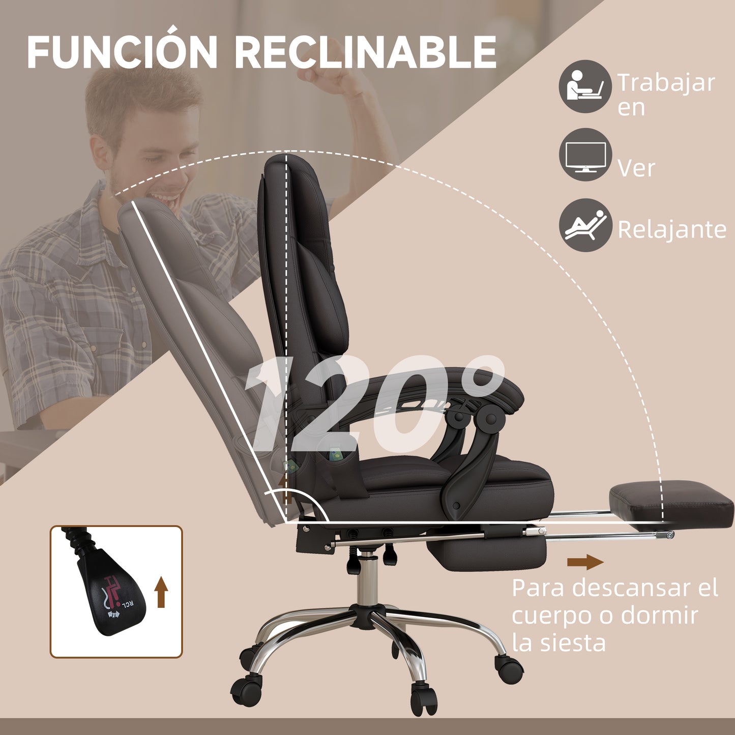 Vinsetto Silla de Oficina con 6 Puntos de Masaje Silla de Escritorio Reclinable de PU con Control Remoto Respaldo Alto Reposapiés y Bolsillo 63x57x118-126 cm Marrón