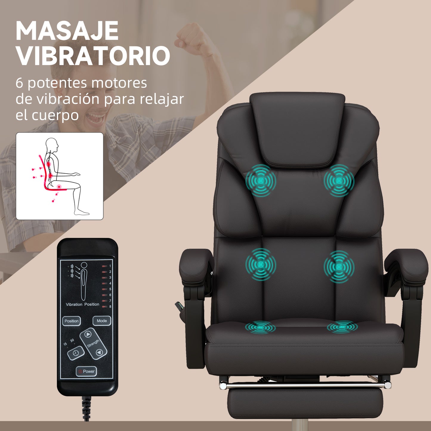 Vinsetto Silla de Oficina con 6 Puntos de Masaje Silla de Escritorio Reclinable de PU con Control Remoto Respaldo Alto Reposapiés y Bolsillo 63x57x118-126 cm Marrón