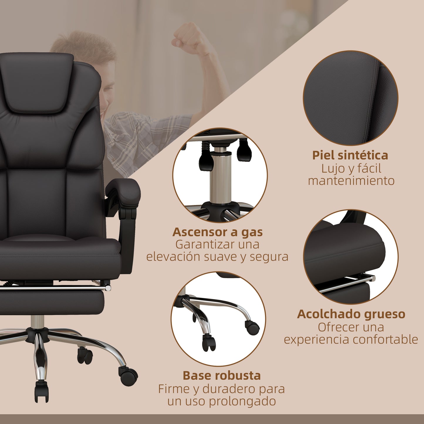 Vinsetto Silla de Oficina con 6 Puntos de Masaje Silla de Escritorio Reclinable de PU con Control Remoto Respaldo Alto Reposapiés y Bolsillo 63x57x118-126 cm Marrón