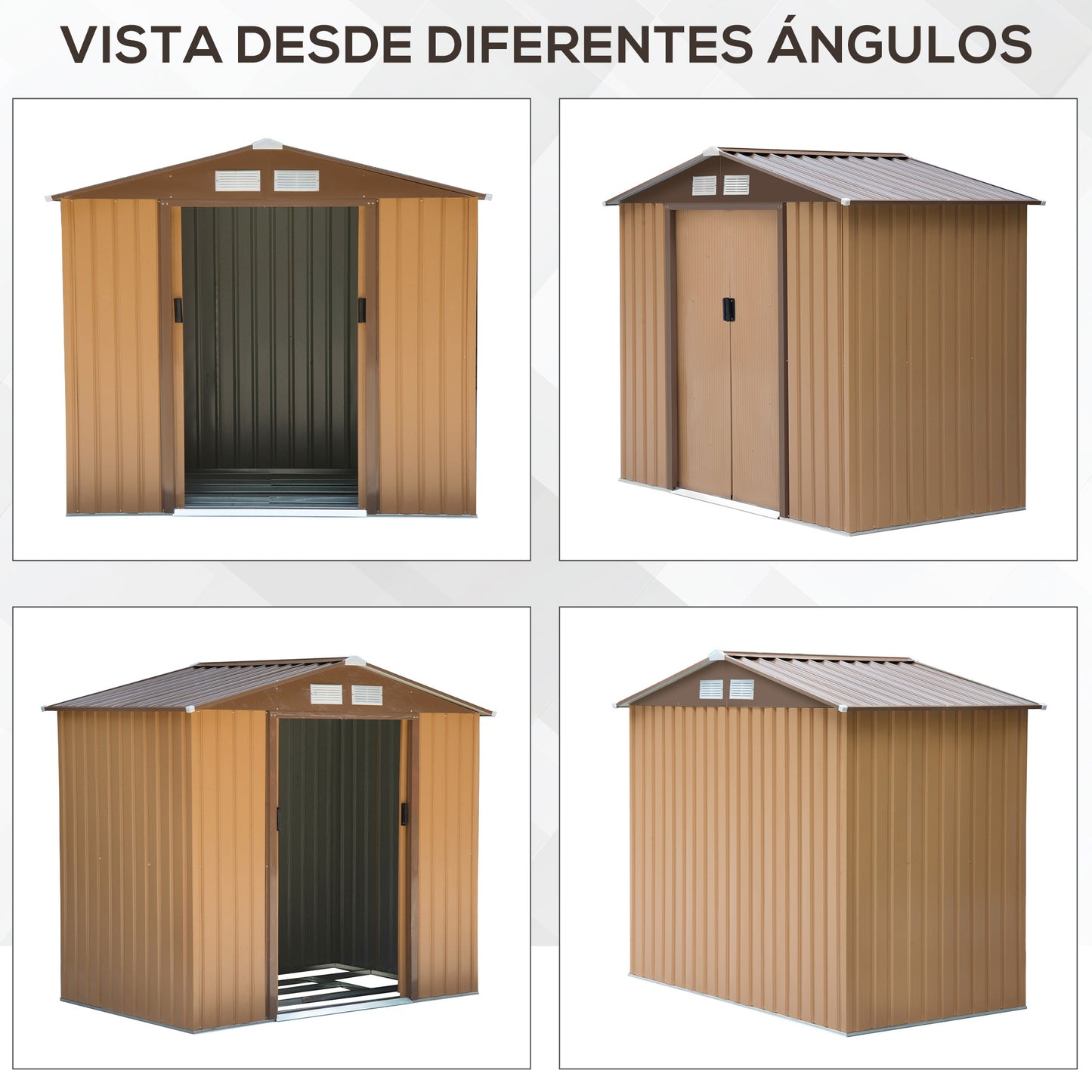 Outsunny Cobertizo de Jardín con Base 213x130x185 cm Caseta de Jardín Exterior con 2 Puertas Correderas y 4 Ventanas para Almacenamiento de Herramientas Caqui