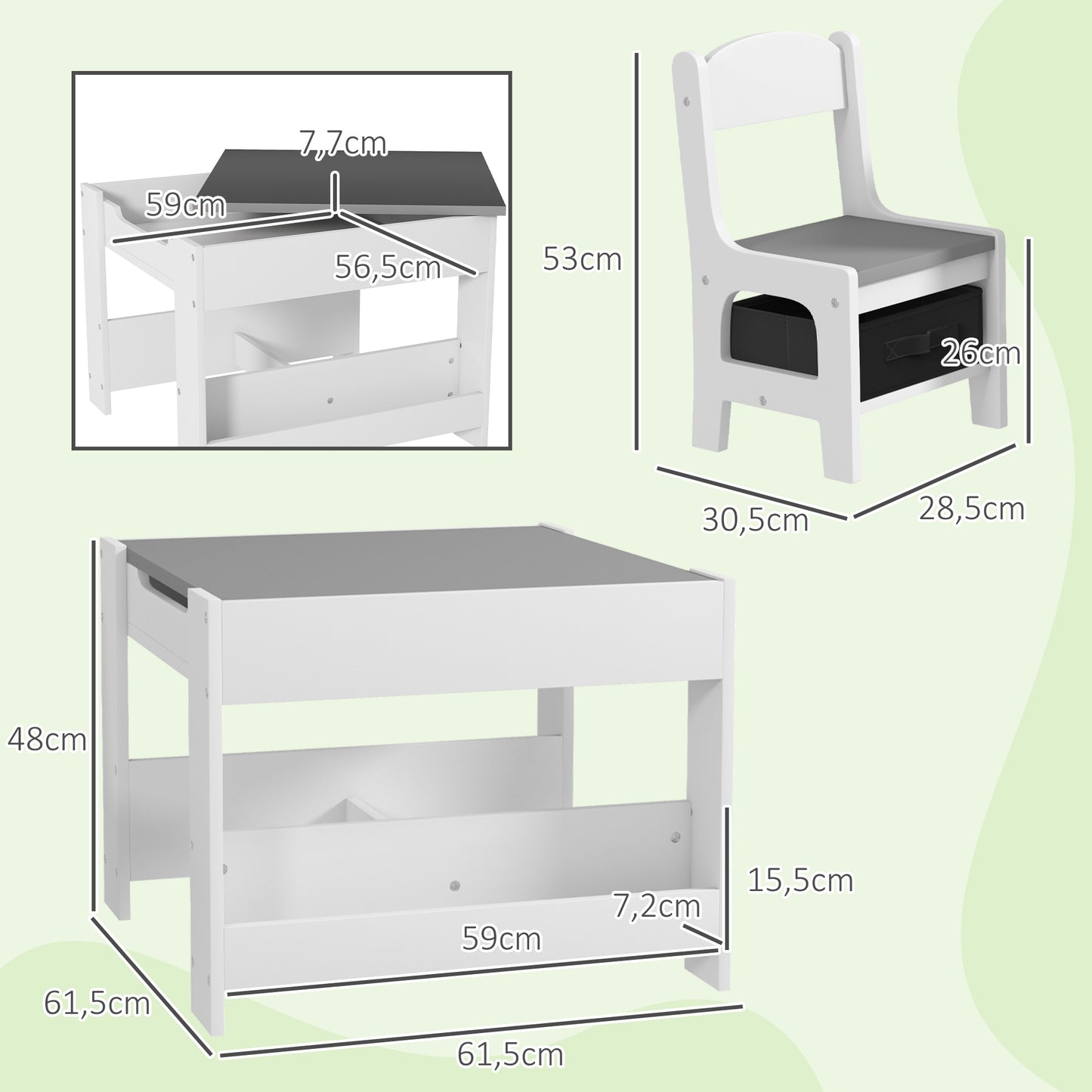 HOMCOM Juego de Mesa y 2 Sillas Infantiles Mesa con Sillas para Niños 2 en 1 con Pizarra Cajones de Tela y Espacio de Almacenamiento para Guardería Sala de Juegos Gris