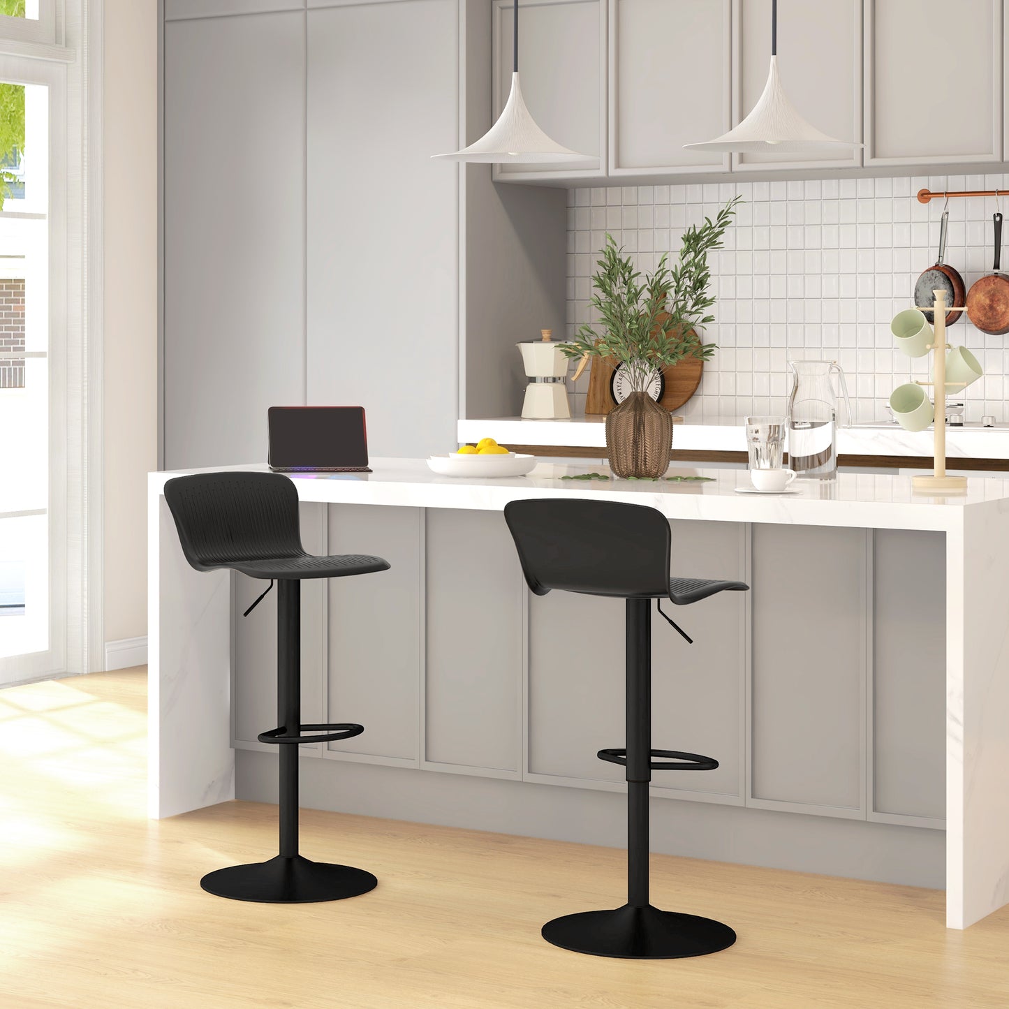 HOMCOM Conjunto de 2 Taburetes Altos de Cocina Sillas Altas de Cocina Giratorias con Respaldo y Altura Ajustable Carga 120 kg para Bar Salón Comedor Negro