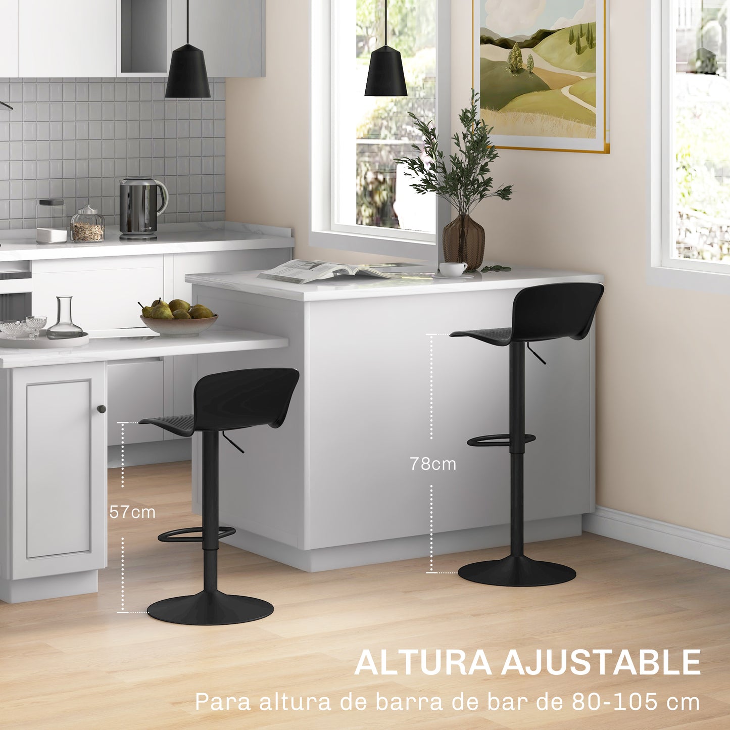 HOMCOM Conjunto de 2 Taburetes Altos de Cocina Sillas Altas de Cocina Giratorias con Respaldo y Altura Ajustable Carga 120 kg para Bar Salón Comedor Negro