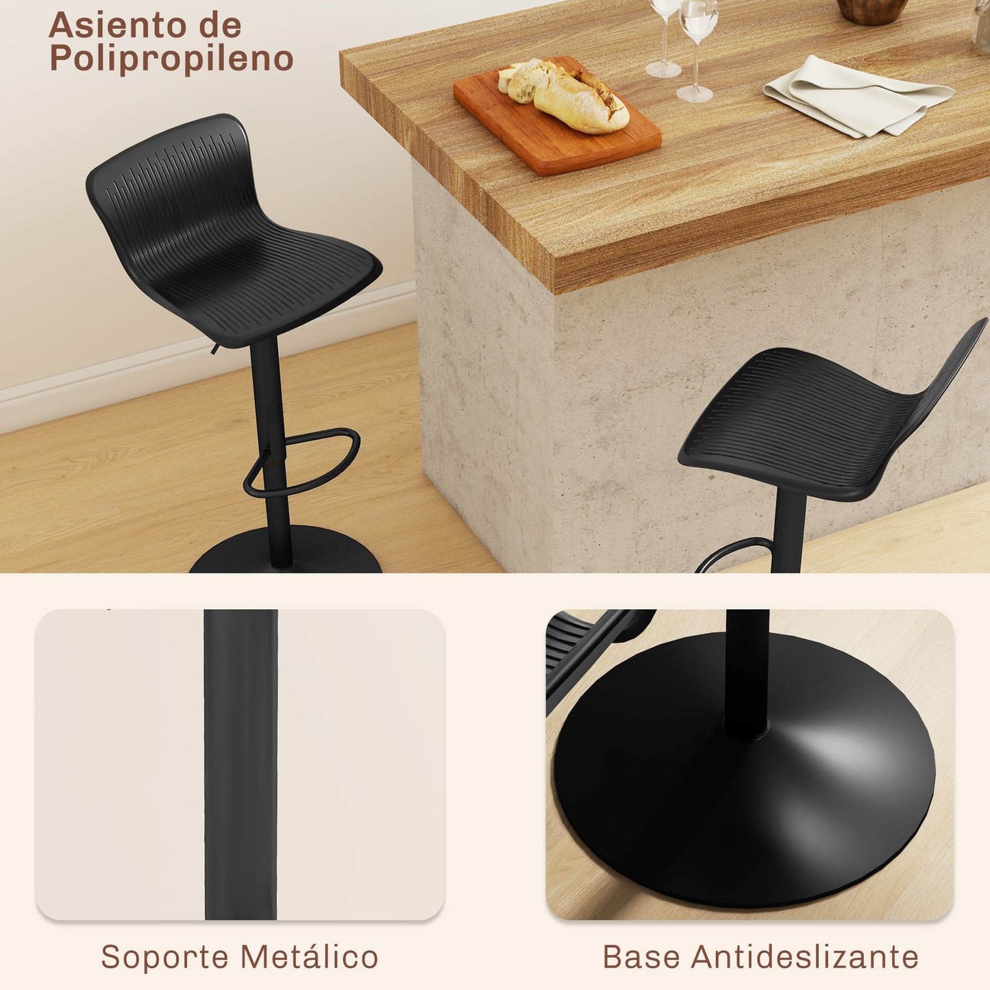 HOMCOM Conjunto de 2 Taburetes Altos de Cocina Sillas Altas de Cocina Giratorias con Respaldo y Altura Ajustable Carga 120 kg para Bar Salón Comedor Negro