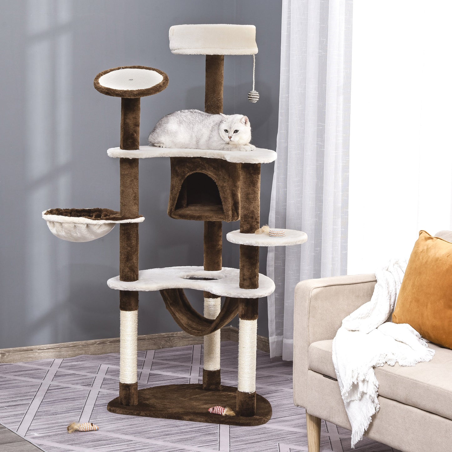 PawHut Árbol Rascador para Gatos Grande 65x50x153 cm Torre para Gatos Centro de Actividades con Múltiples Plataforma Poste Hamaca Bolas de Juguete y Cueva Marrón