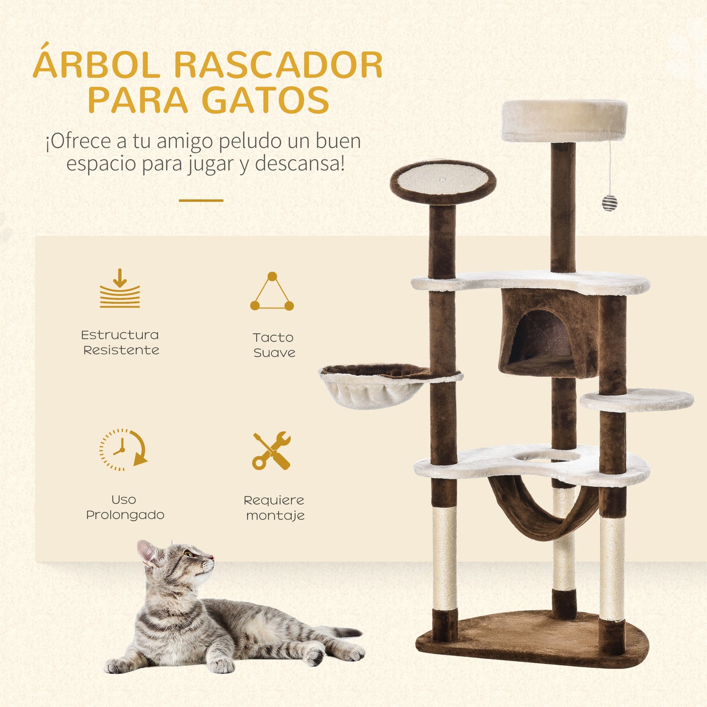 PawHut Árbol Rascador para Gatos Grande 65x50x153 cm Torre para Gatos Centro de Actividades con Múltiples Plataforma Poste Hamaca Bolas de Juguete y Cueva Marrón