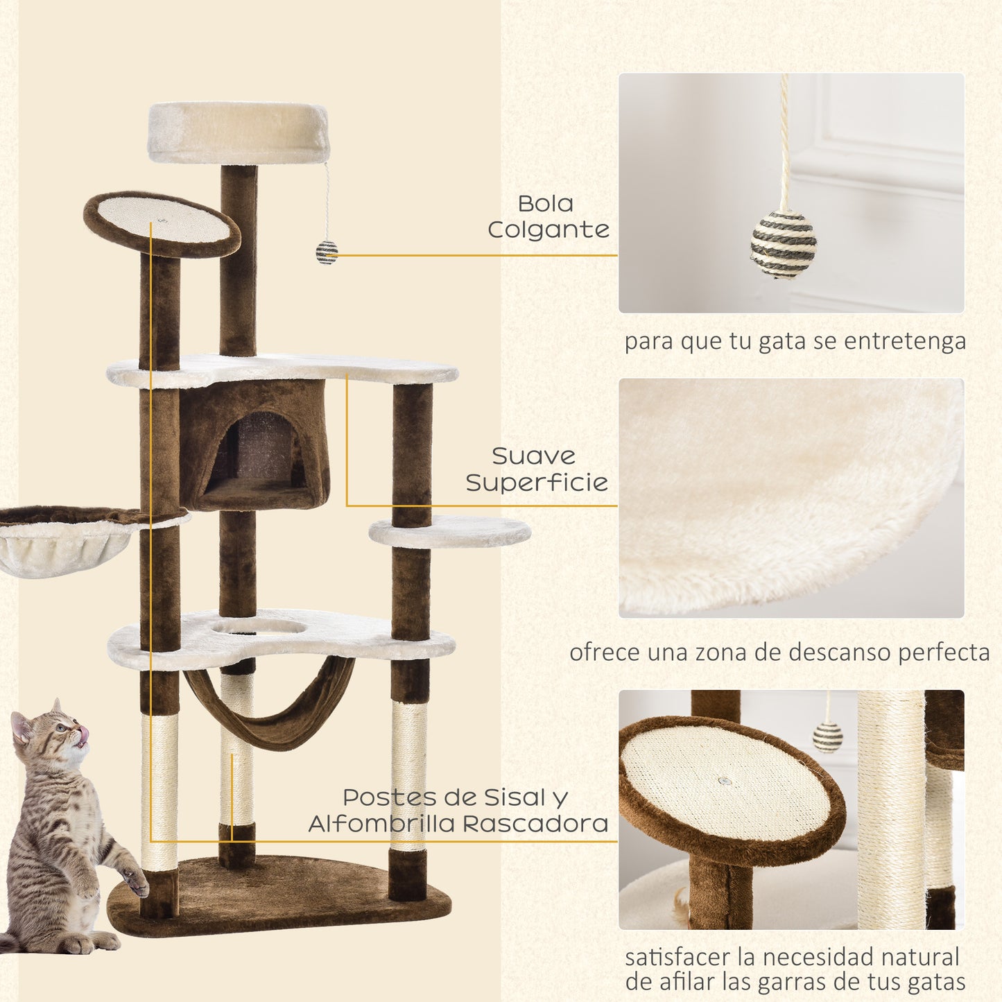 PawHut Árbol Rascador para Gatos Grande 65x50x153 cm Torre para Gatos Centro de Actividades con Múltiples Plataforma Poste Hamaca Bolas de Juguete y Cueva Marrón