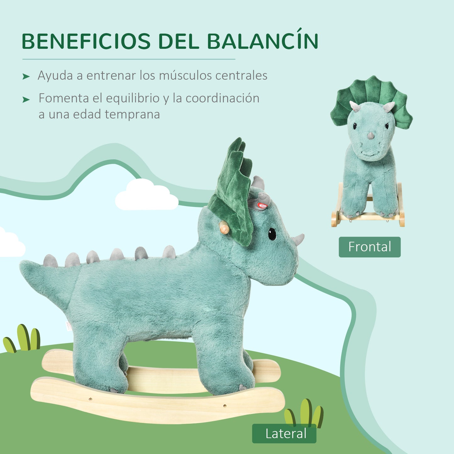 HOMCOM Caballito Balancín para Niños de +3 Años en Forma de Dinosaurio Caballo Balancín con Sonidos Realistas y Base de Madera Carga 45 kg 64x30x54 cm Verde Oscuro