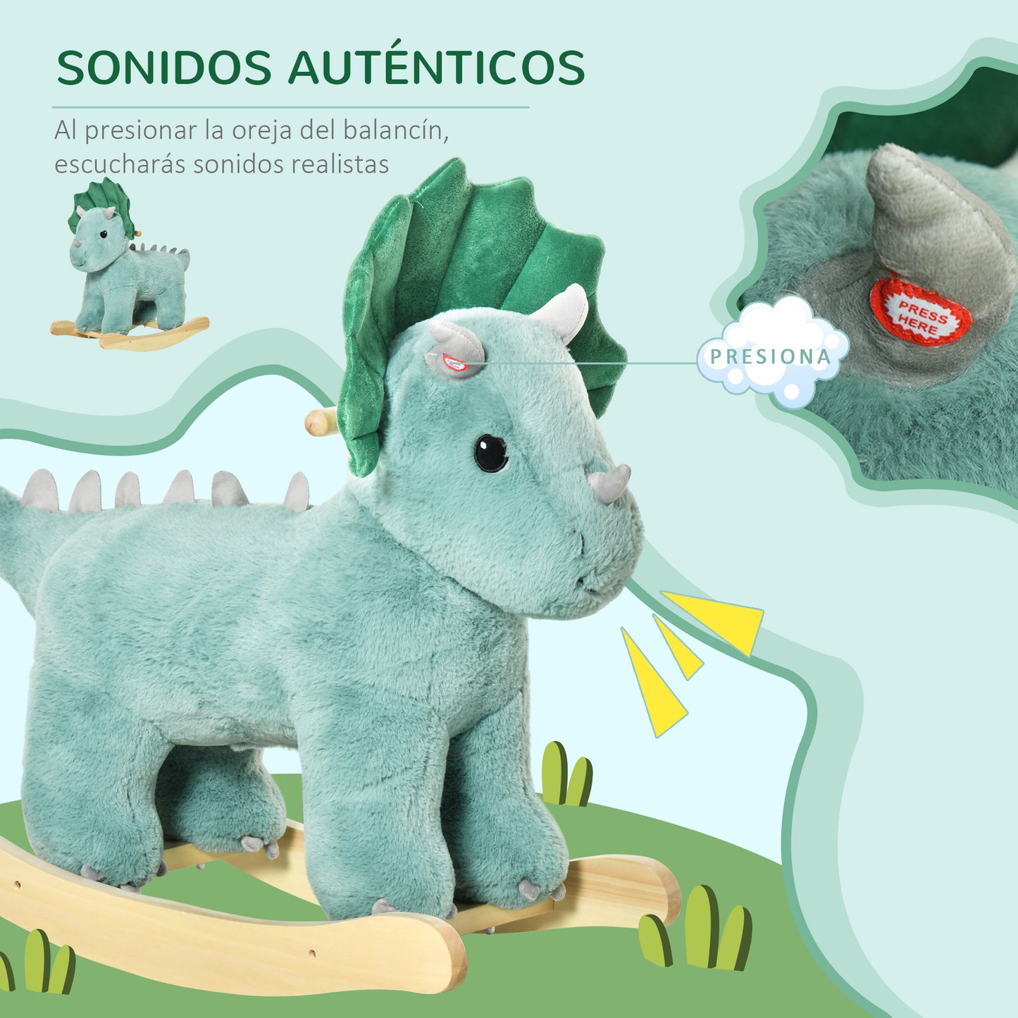 HOMCOM Caballito Balancín para Niños de +3 Años en Forma de Dinosaurio Caballo Balancín con Sonidos Realistas y Base de Madera Carga 45 kg 64x30x54 cm Verde Oscuro