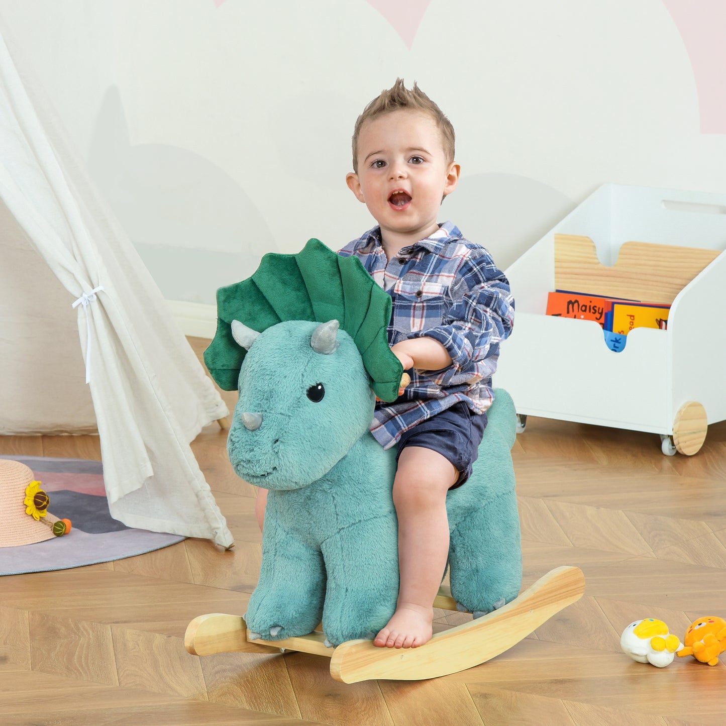 HOMCOM Caballito Balancín para Niños de +3 Años en Forma de Dinosaurio Caballo Balancín con Sonidos Realistas y Base de Madera Carga 45 kg 64x30x54 cm Verde Oscuro