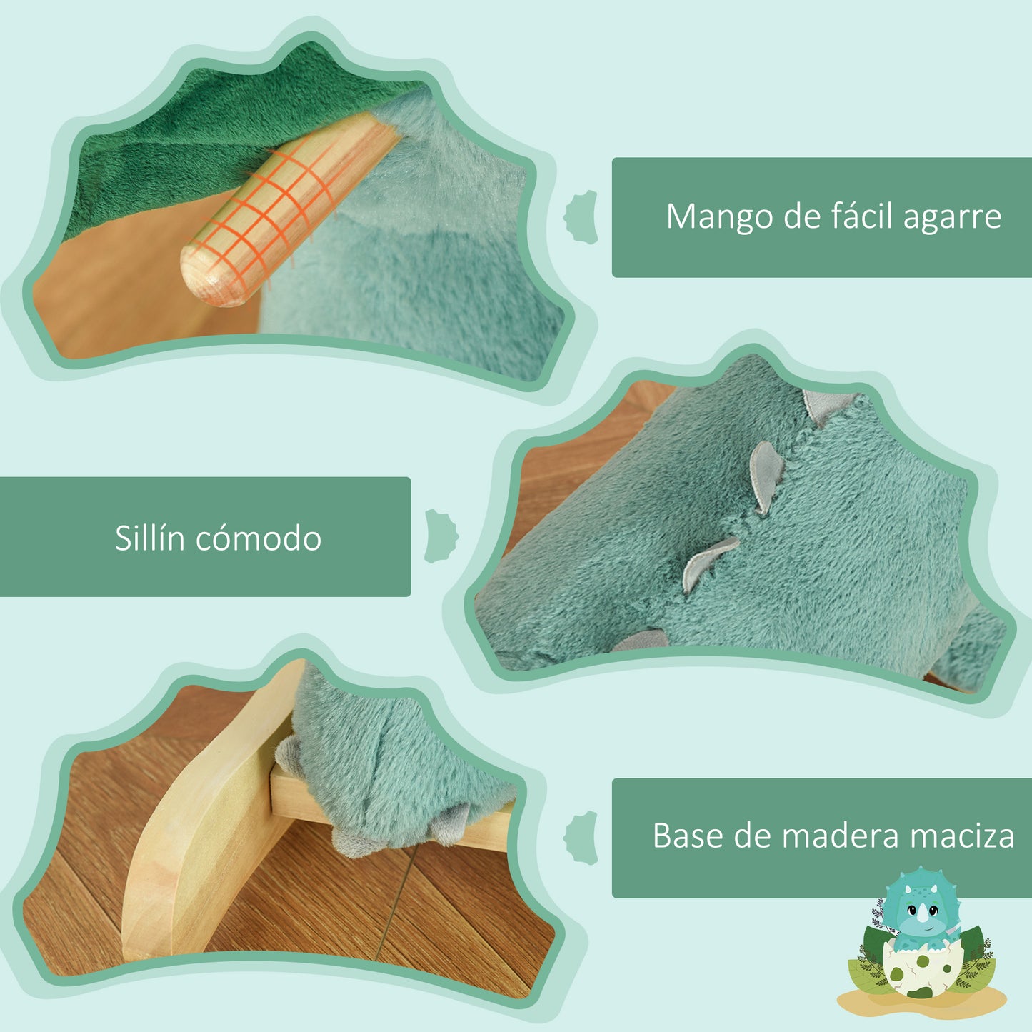 HOMCOM Caballito Balancín para Niños de +3 Años en Forma de Dinosaurio Caballo Balancín con Sonidos Realistas y Base de Madera Carga 45 kg 64x30x54 cm Verde Oscuro